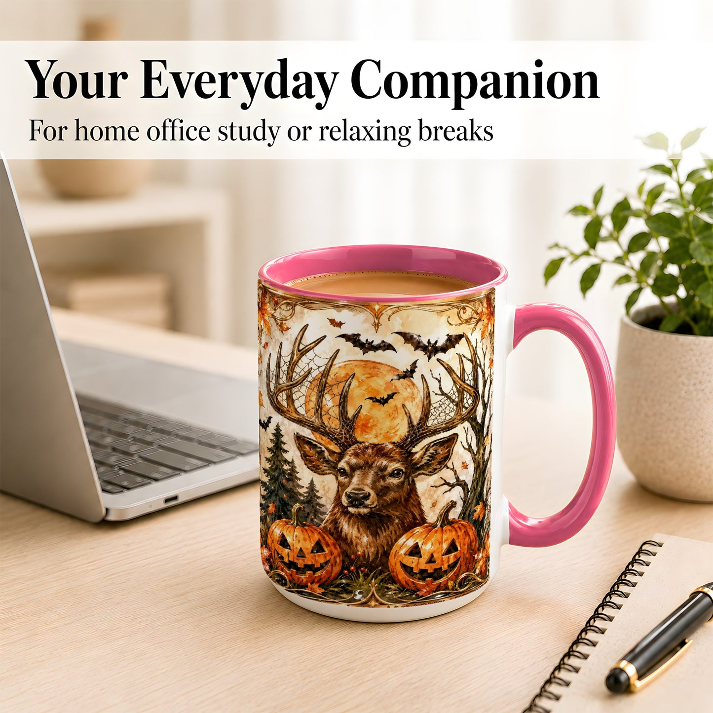 #pl[15oz|Pink] Halloween Deer Coffee Mug, Autumn Stag Mug, Ceramic Cup