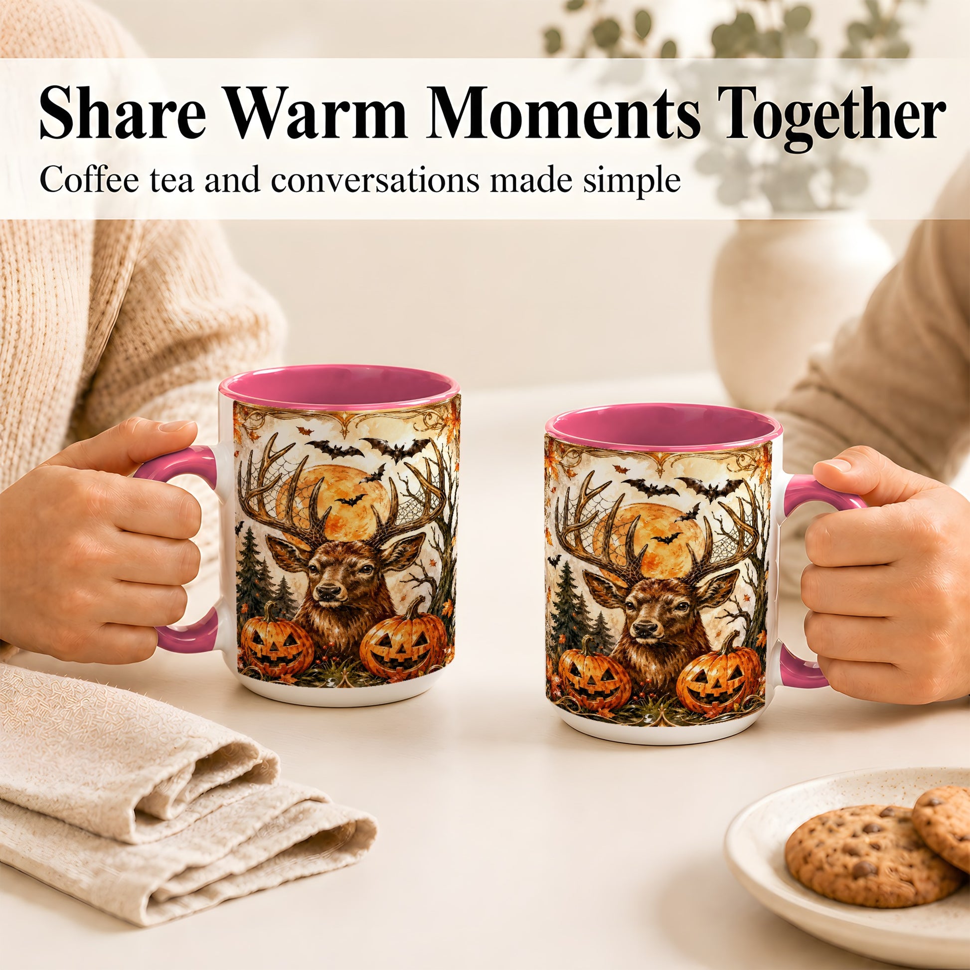 #pl[15oz|Pink] Halloween Deer Coffee Mug, Autumn Stag Mug, Ceramic Cup