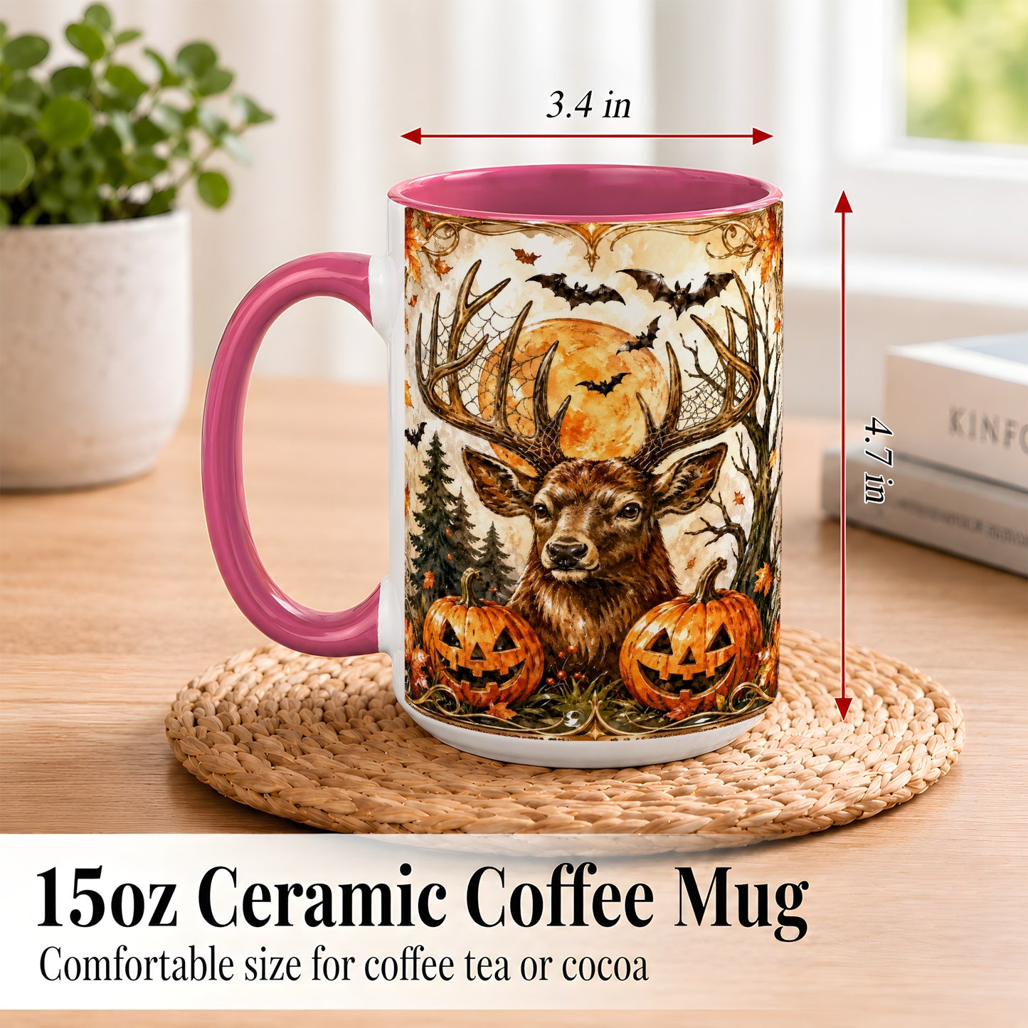 #pl[15oz|Pink] Halloween Deer Coffee Mug, Autumn Stag Mug, Ceramic Cup