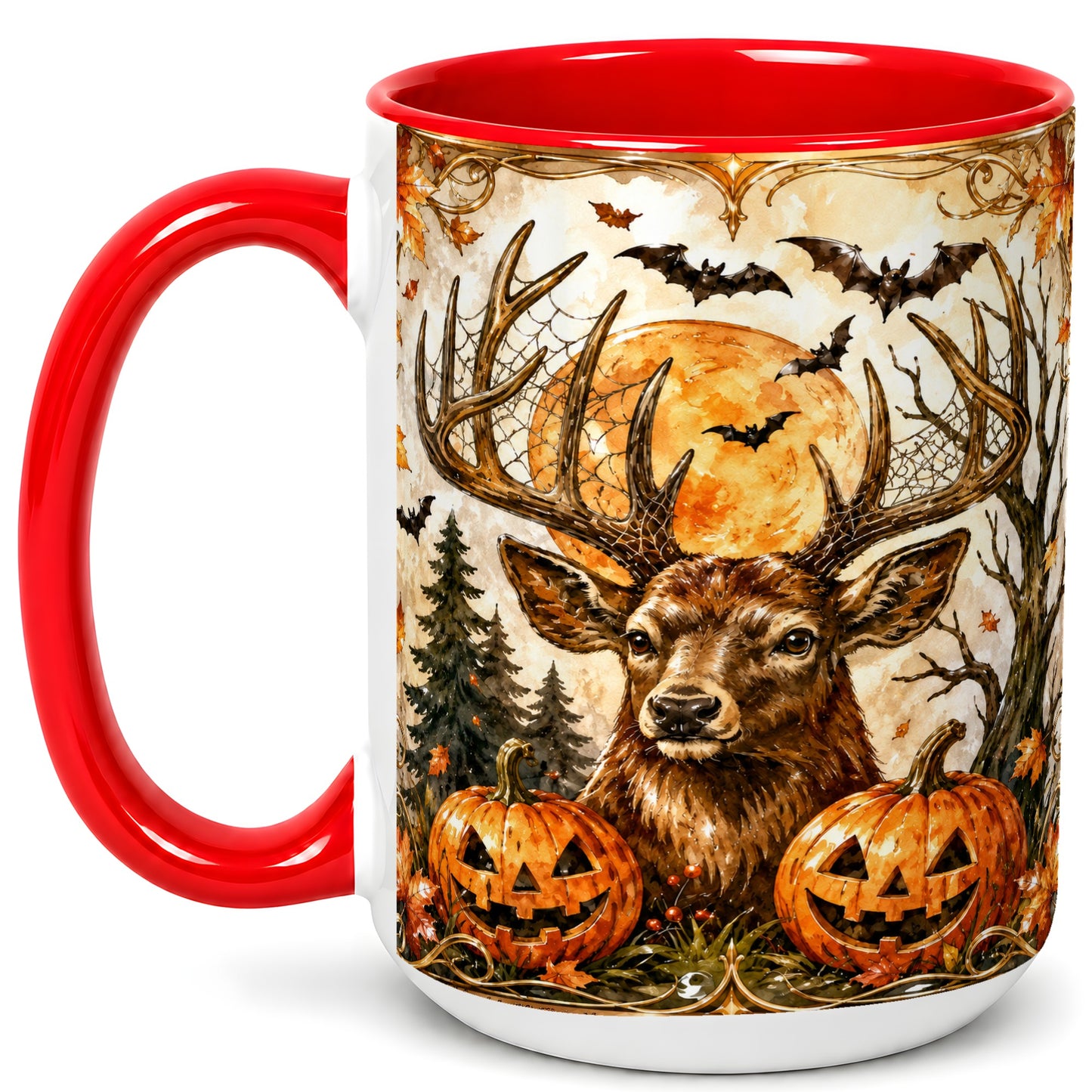 #pl[15oz|Red] Halloween Deer Coffee Mug, Autumn Stag Mug, Ceramic Cup