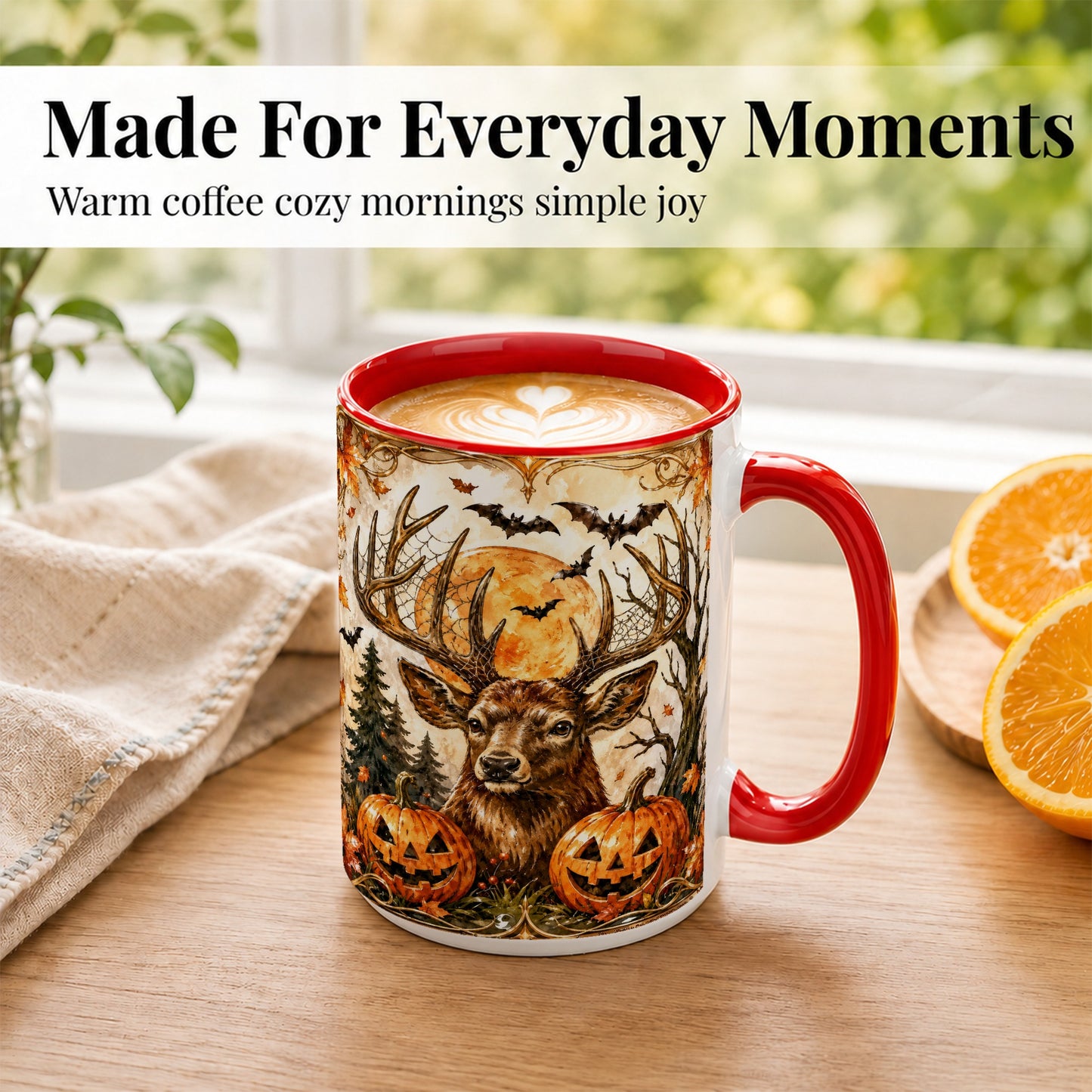 #pl[15oz|Red] Halloween Deer Coffee Mug, Autumn Stag Mug, Ceramic Cup