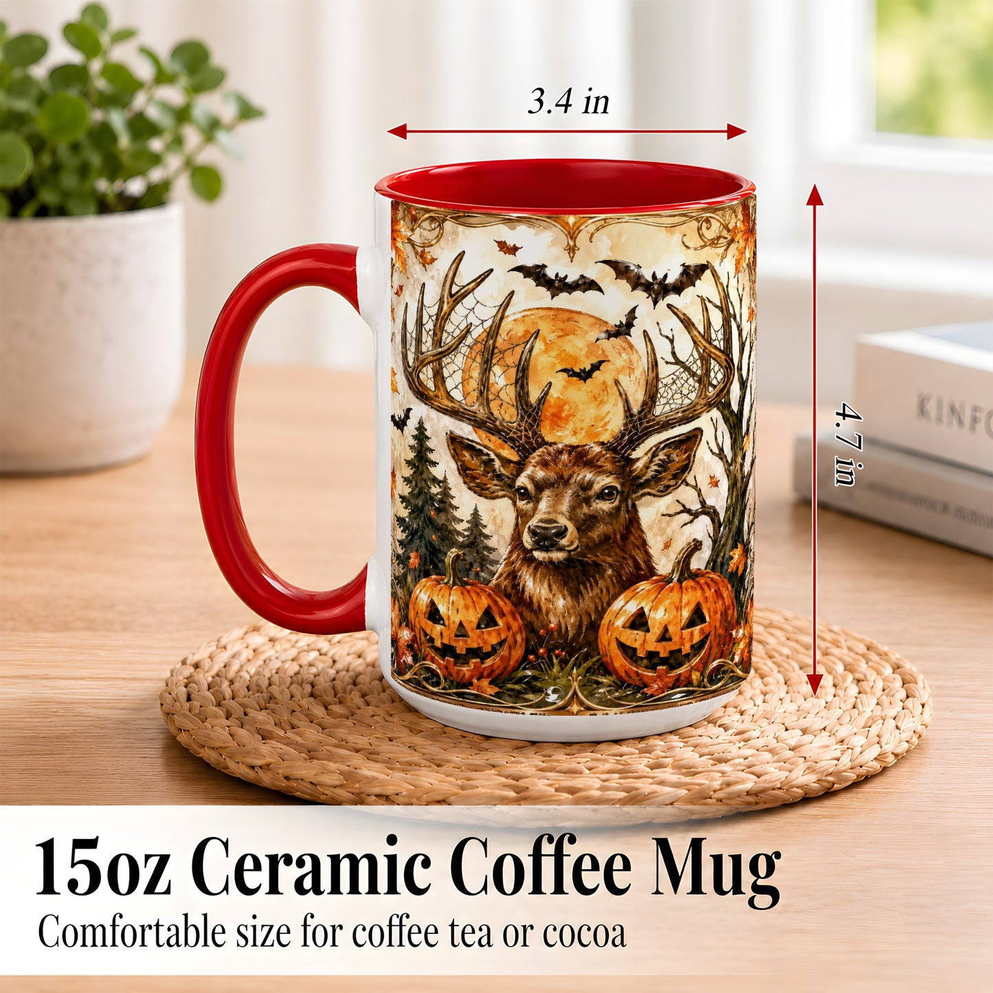 #pl[15oz|Red] Halloween Deer Coffee Mug, Autumn Stag Mug, Ceramic Cup