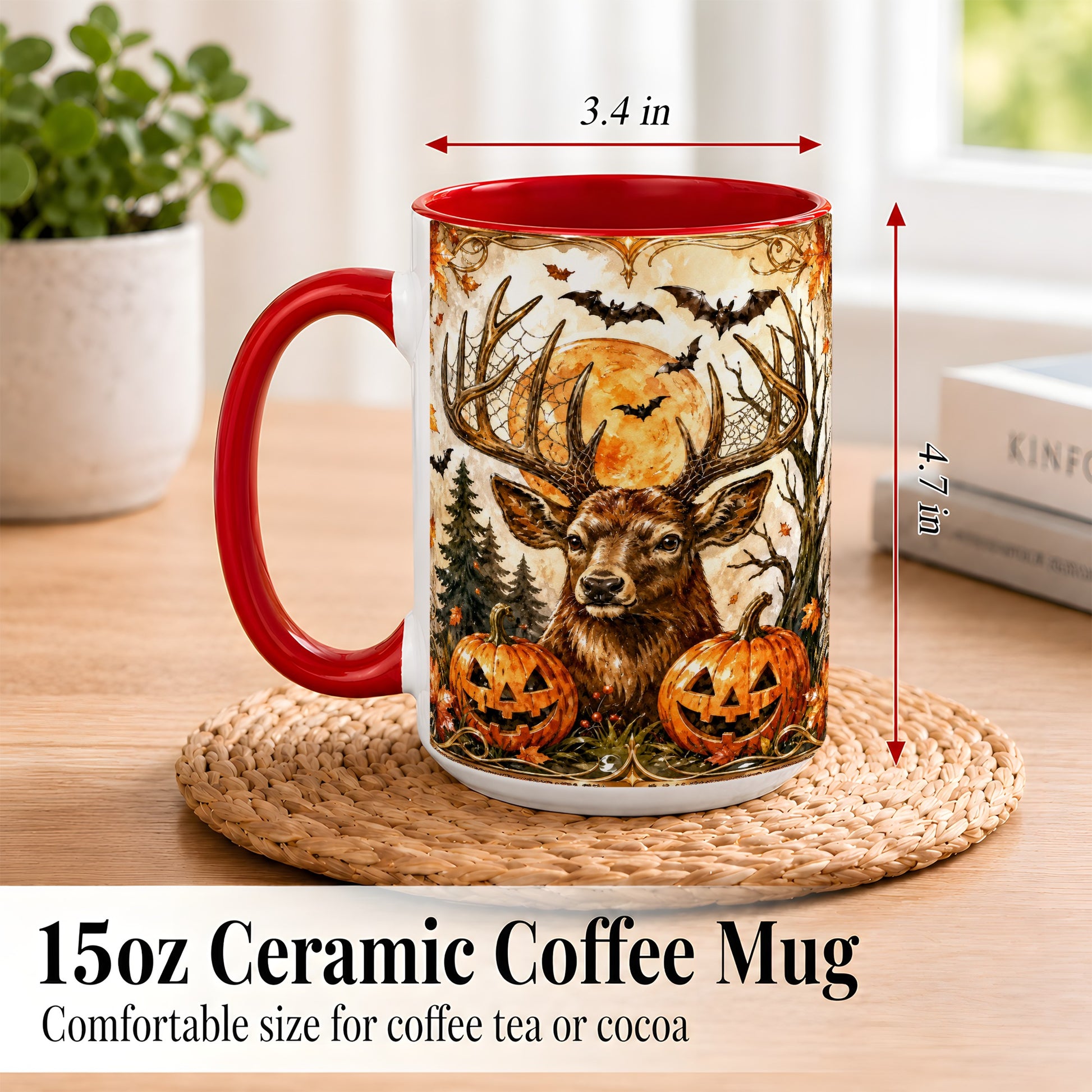 #pl[15oz|Red] Halloween Deer Coffee Mug, Autumn Stag Mug, Ceramic Cup