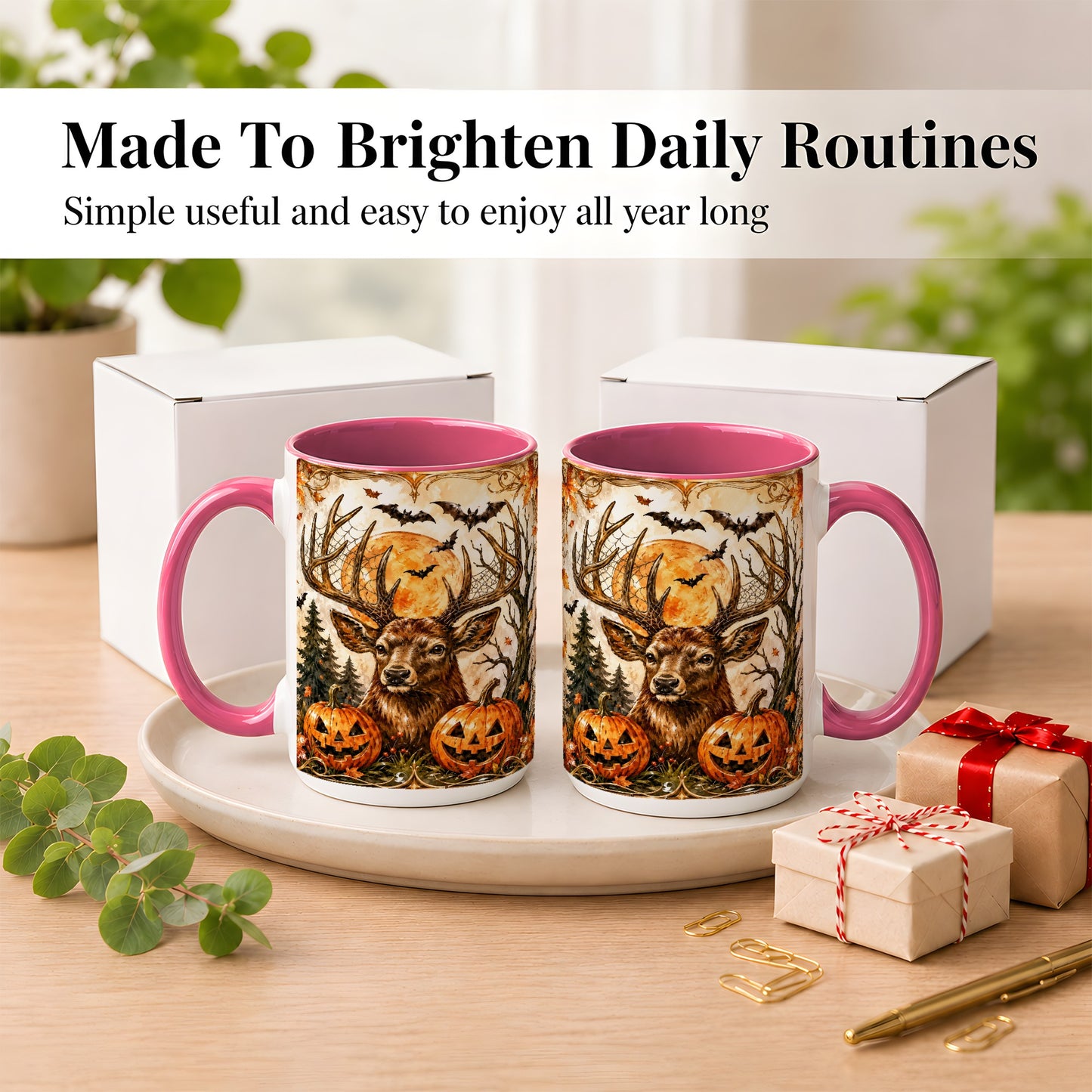 #pl[15oz|Pink] Halloween Deer Coffee Mug, Autumn Stag Mug, Ceramic Cup