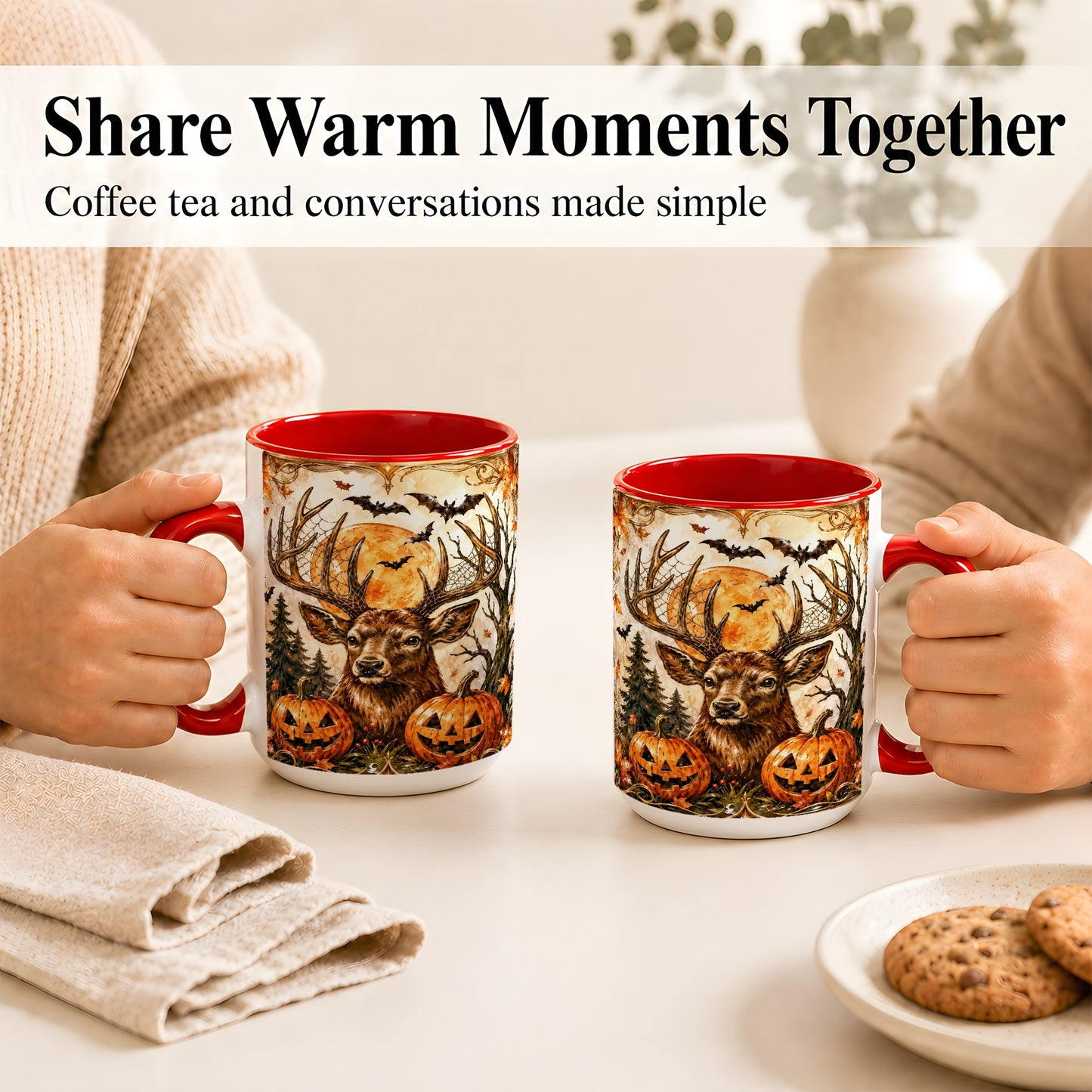 #pl[15oz|Red] Halloween Deer Coffee Mug, Autumn Stag Mug, Ceramic Cup
