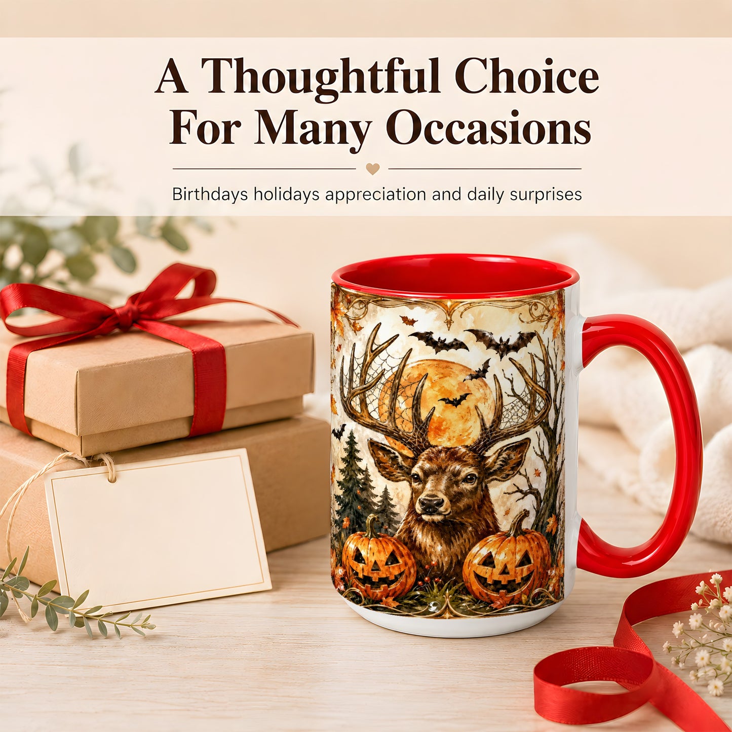 #pl[15oz|Red] Halloween Deer Coffee Mug, Autumn Stag Mug, Ceramic Cup