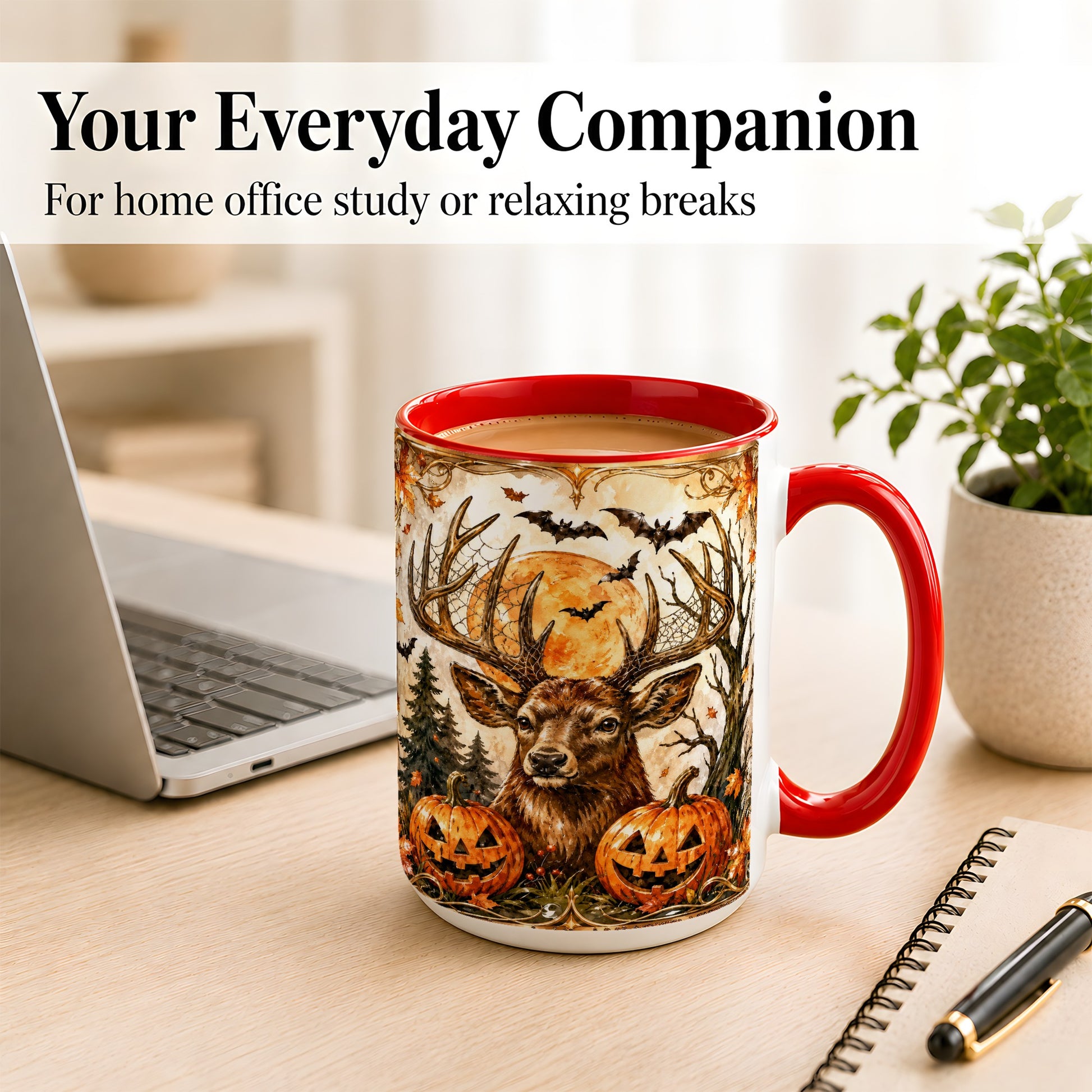 #pl[15oz|Red] Halloween Deer Coffee Mug, Autumn Stag Mug, Ceramic Cup