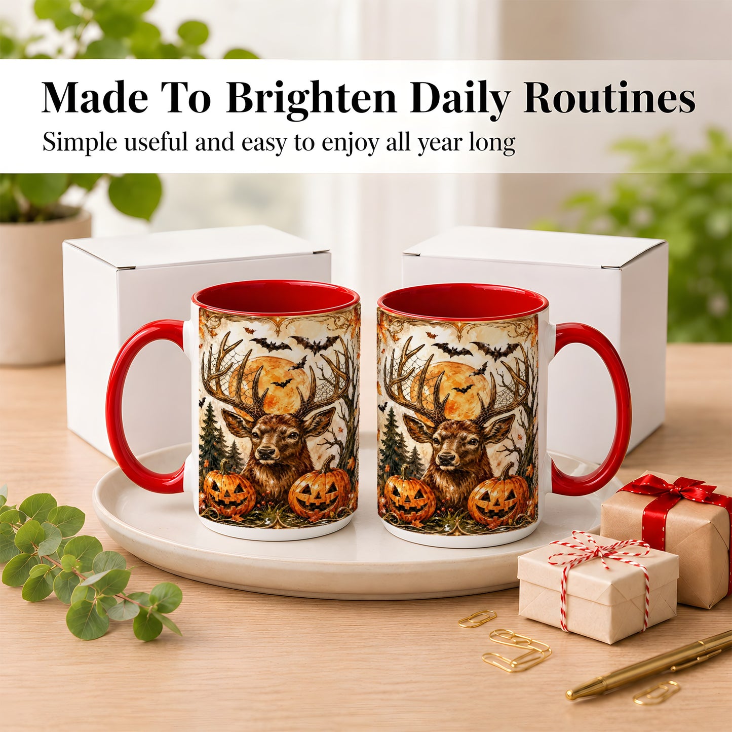 #pl[15oz|Red] Halloween Deer Coffee Mug, Autumn Stag Mug, Ceramic Cup