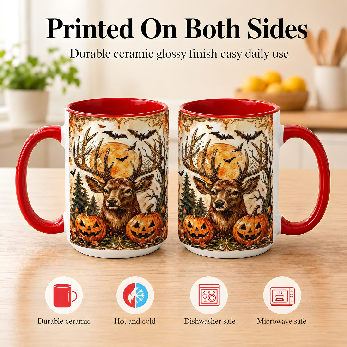 #pl[15oz|Red] Halloween Deer Coffee Mug, Autumn Stag Mug, Ceramic Cup