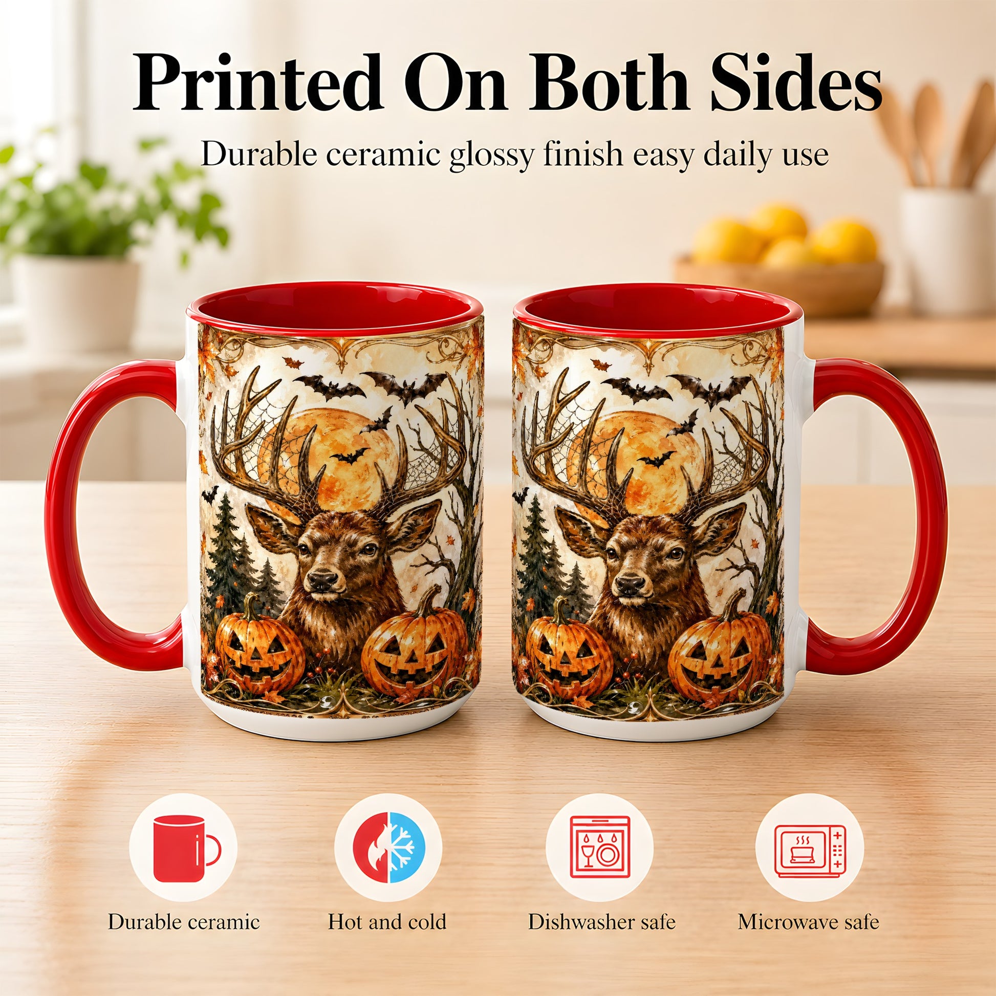 #pl[15oz|Red] Halloween Deer Coffee Mug, Autumn Stag Mug, Ceramic Cup