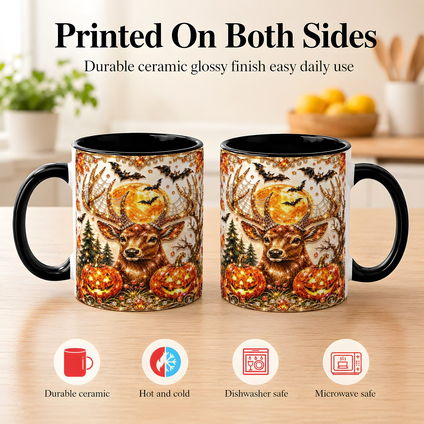 #pl[11oz|Black] Jeweled Deer Coffee Mug, Halloween Stag Mug, Ceramic Cup
