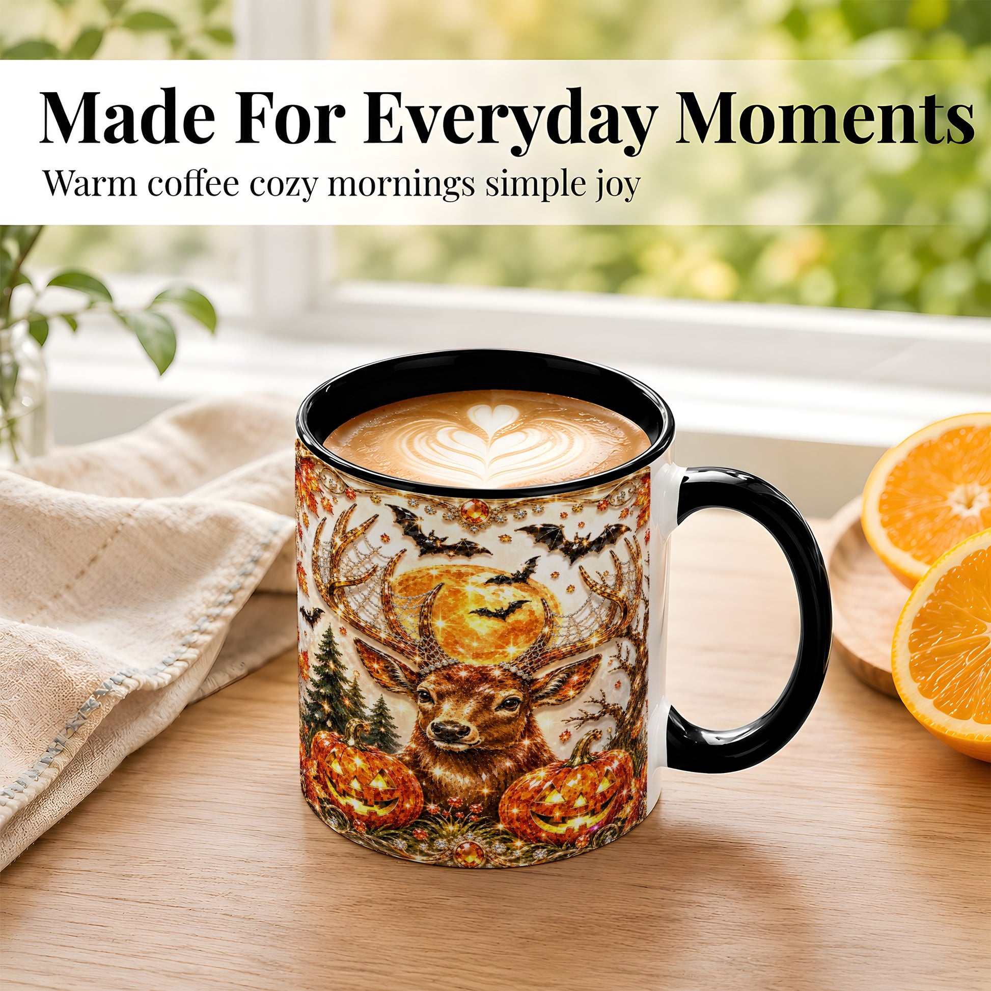#pl[11oz|Black] Jeweled Deer Coffee Mug, Halloween Stag Mug, Ceramic Cup