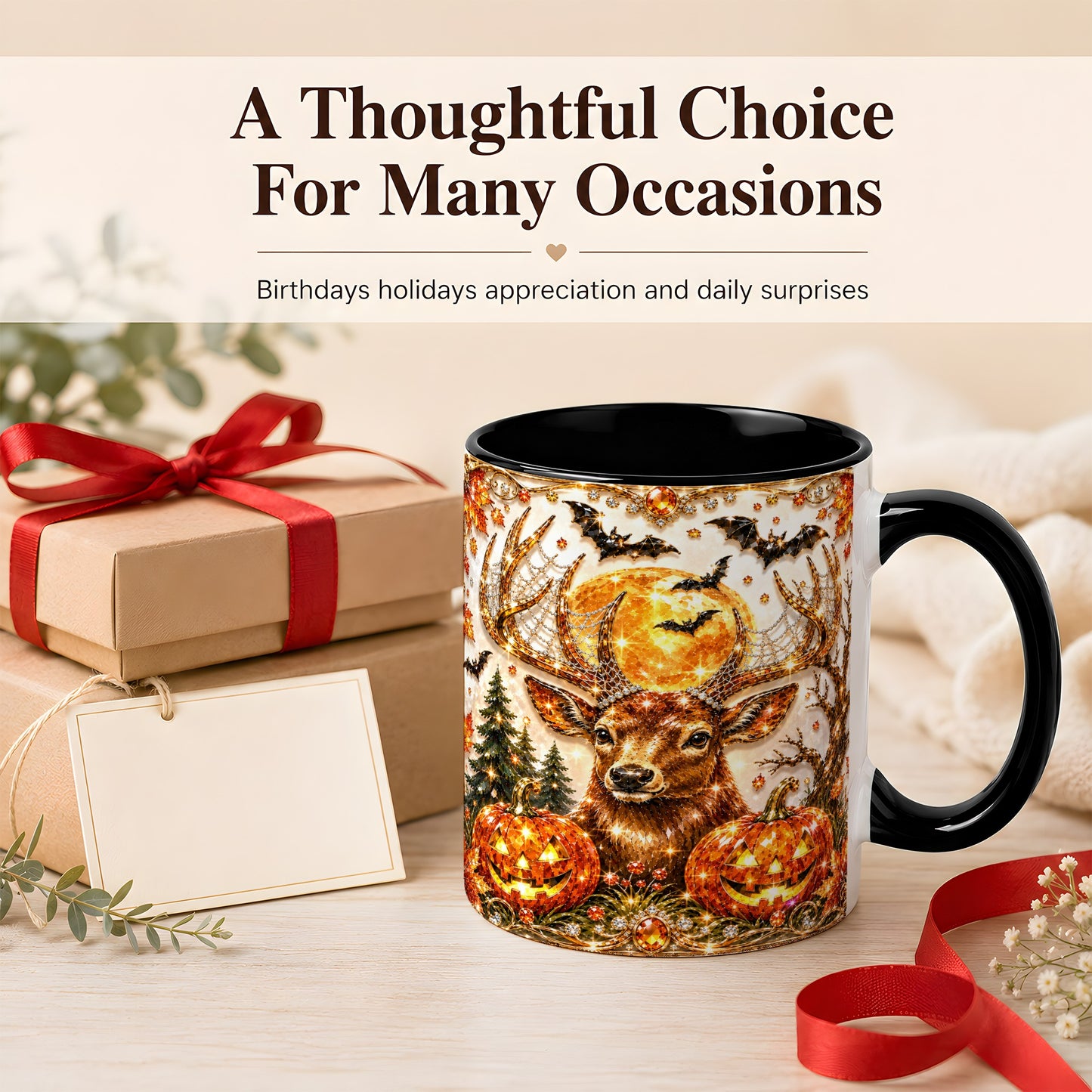 #pl[11oz|Black] Jeweled Deer Coffee Mug, Halloween Stag Mug, Ceramic Cup