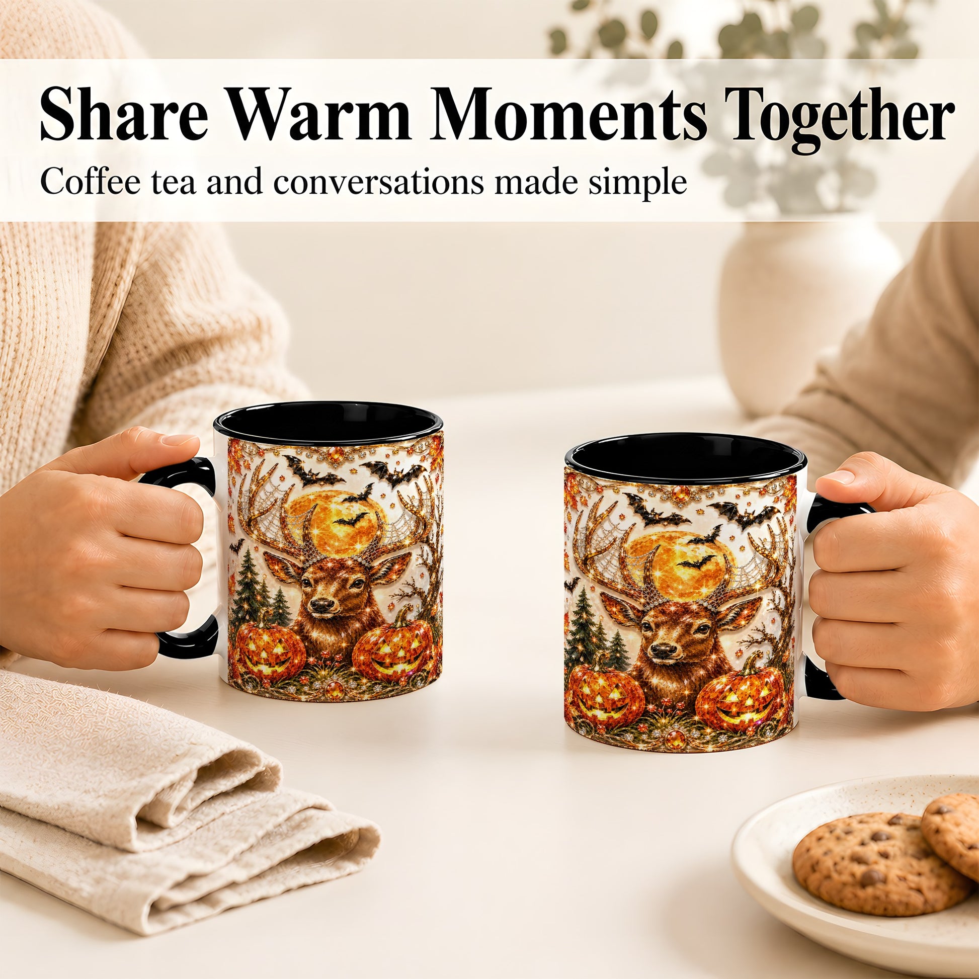 #pl[11oz|Black] Jeweled Deer Coffee Mug, Halloween Stag Mug, Ceramic Cup