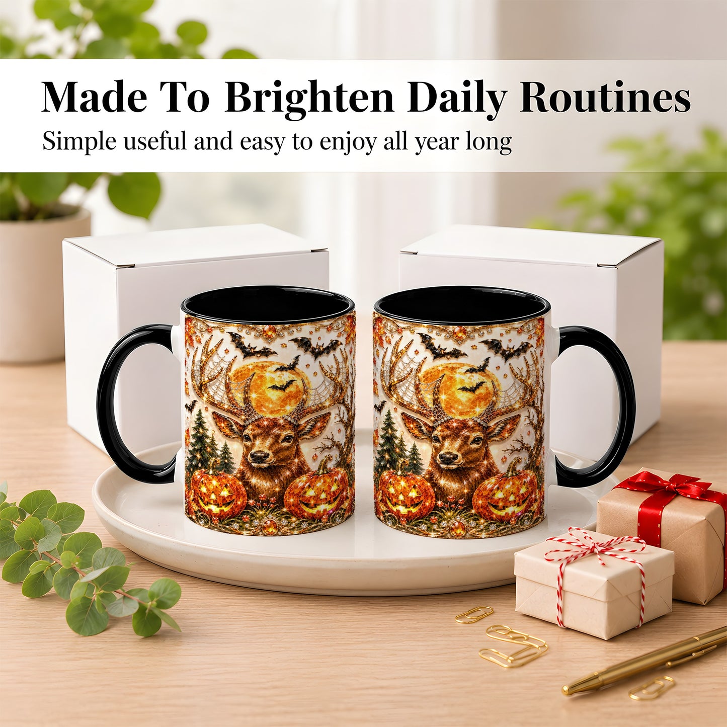 #pl[11oz|Black] Jeweled Deer Coffee Mug, Halloween Stag Mug, Ceramic Cup