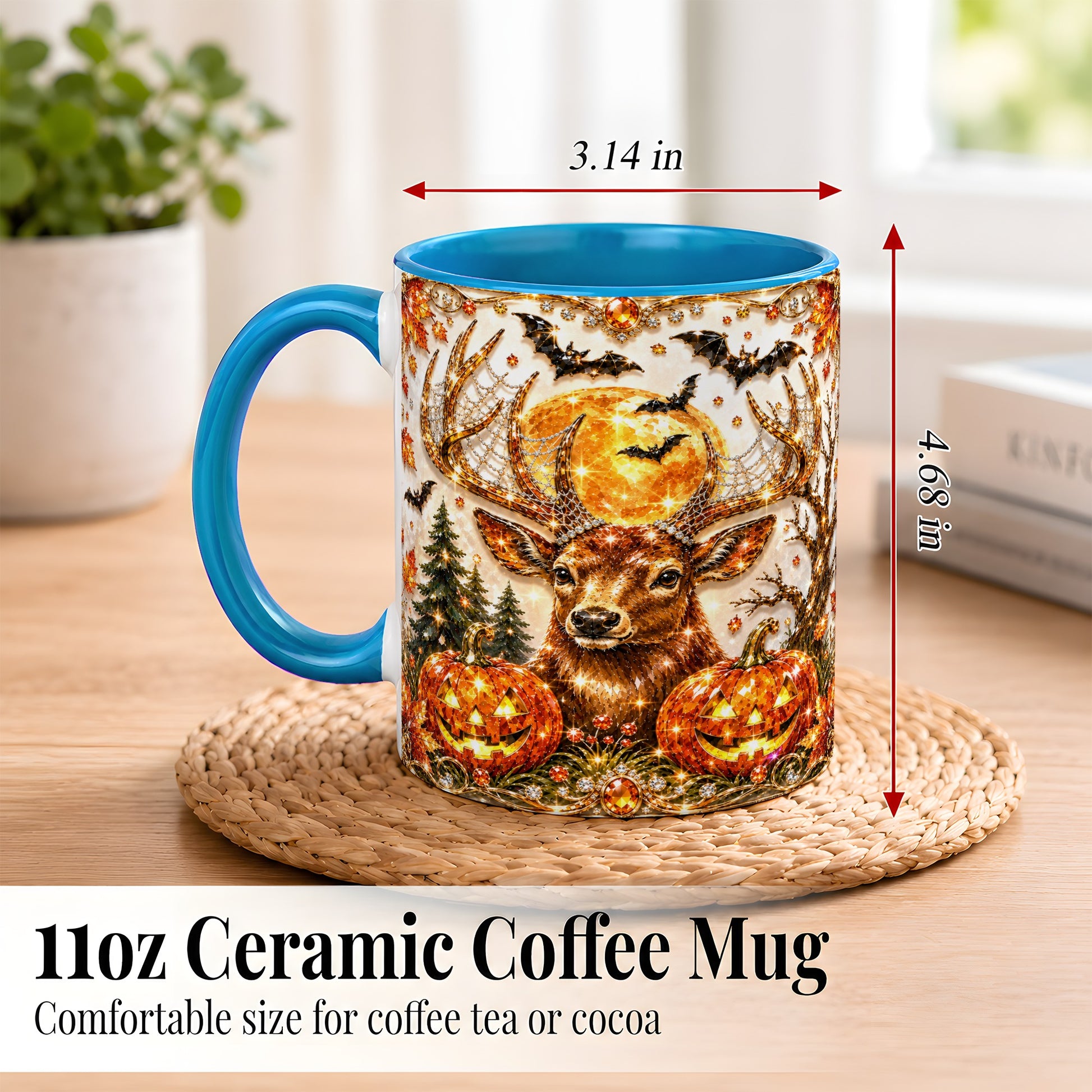 #pl[11oz|Blue] Jeweled Deer Coffee Mug, Halloween Stag Mug, Ceramic Cup