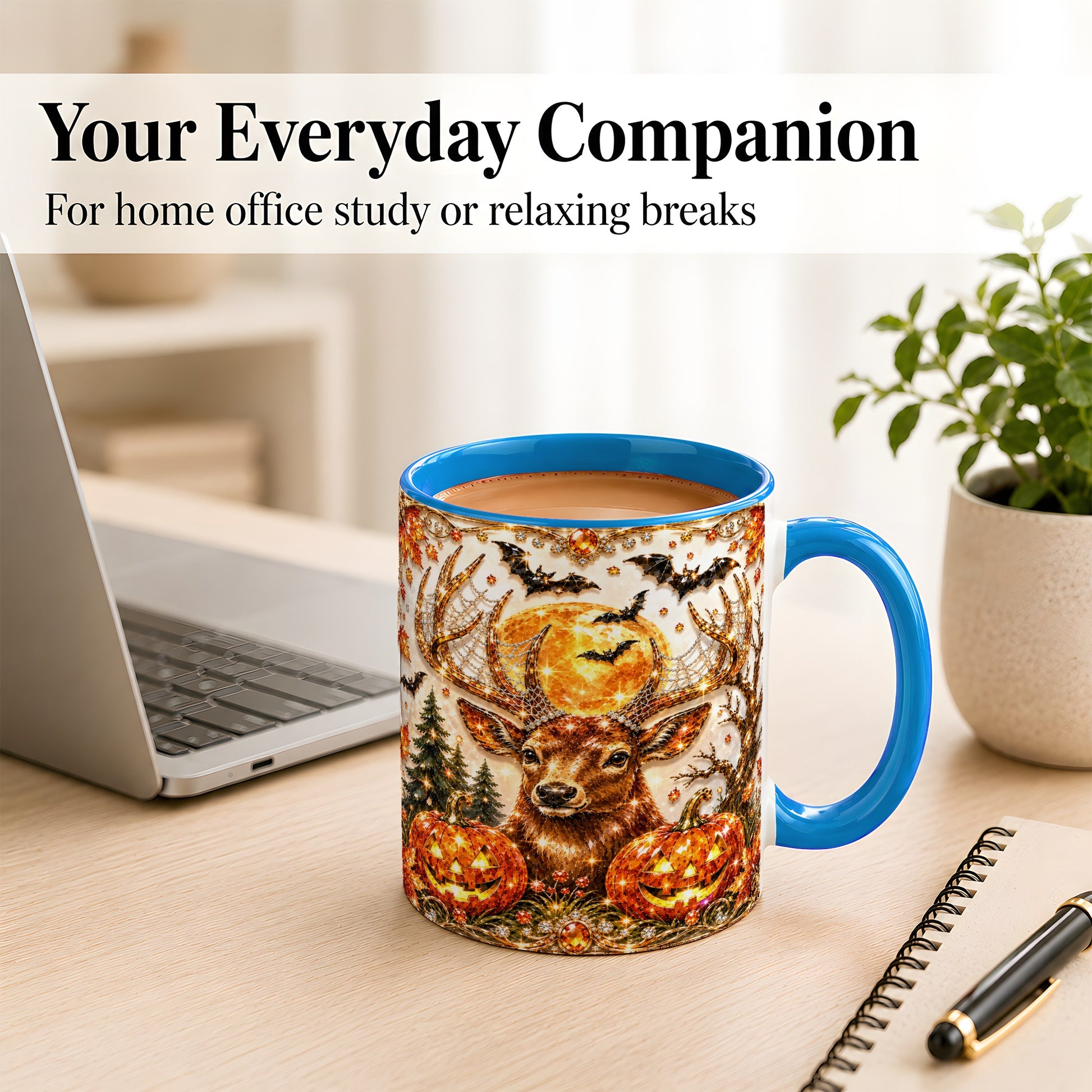 #pl[11oz|Blue] Jeweled Deer Coffee Mug, Halloween Stag Mug, Ceramic Cup