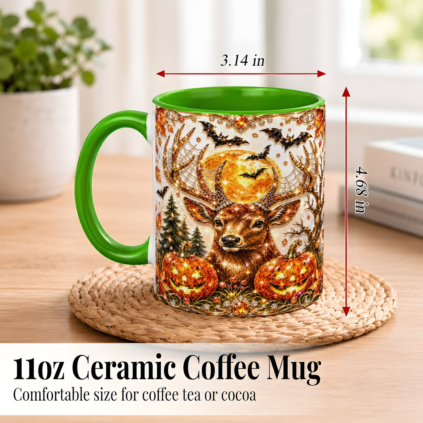 #pl[11oz|Green] Jeweled Deer Coffee Mug, Halloween Stag Mug, Ceramic Cup