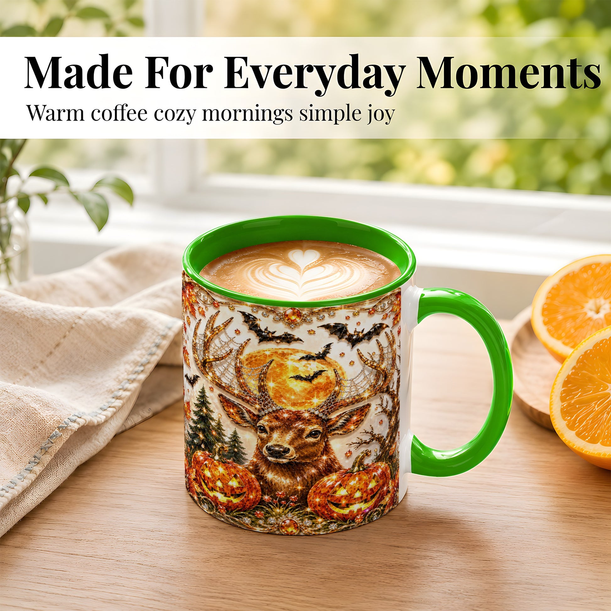 #pl[11oz|Green] Jeweled Deer Coffee Mug, Halloween Stag Mug, Ceramic Cup