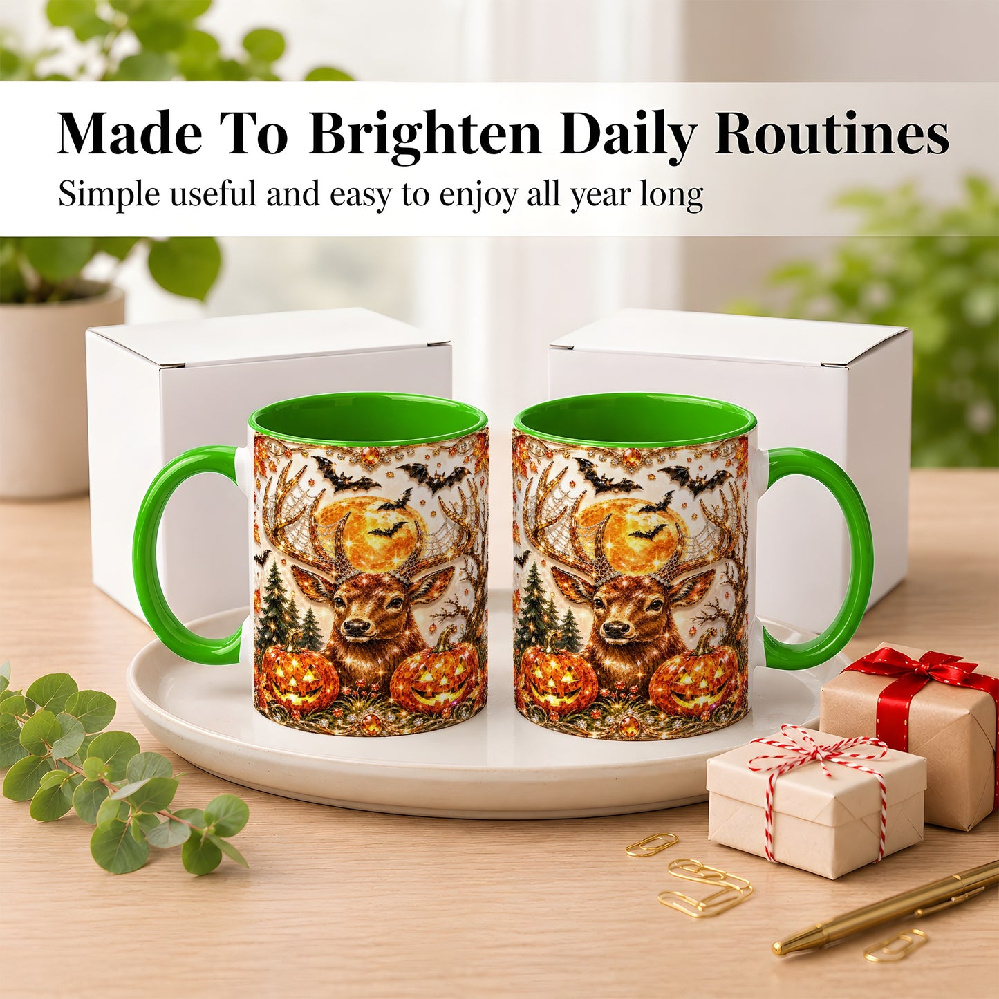 #pl[11oz|Green] Jeweled Deer Coffee Mug, Halloween Stag Mug, Ceramic Cup