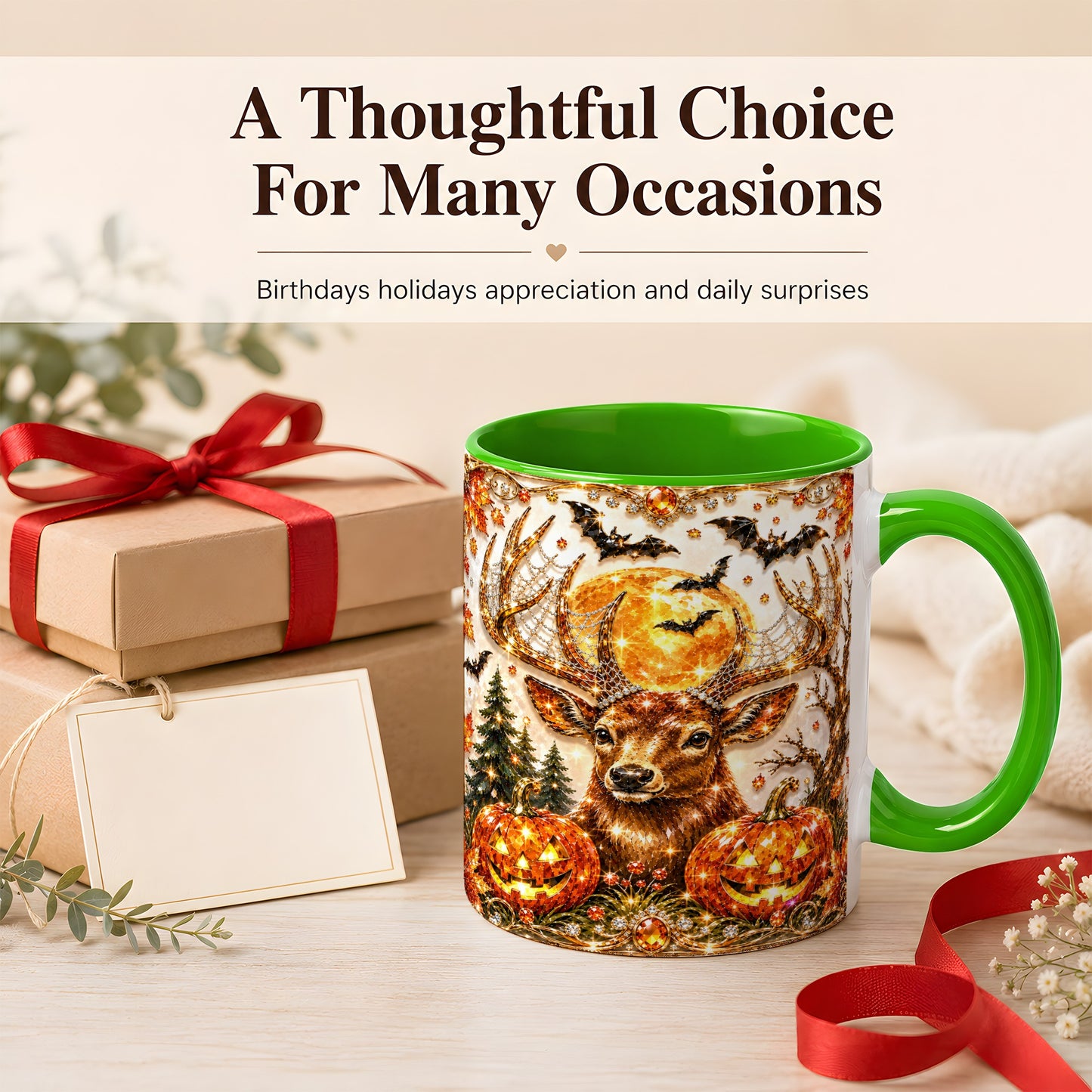 #pl[11oz|Green] Jeweled Deer Coffee Mug, Halloween Stag Mug, Ceramic Cup