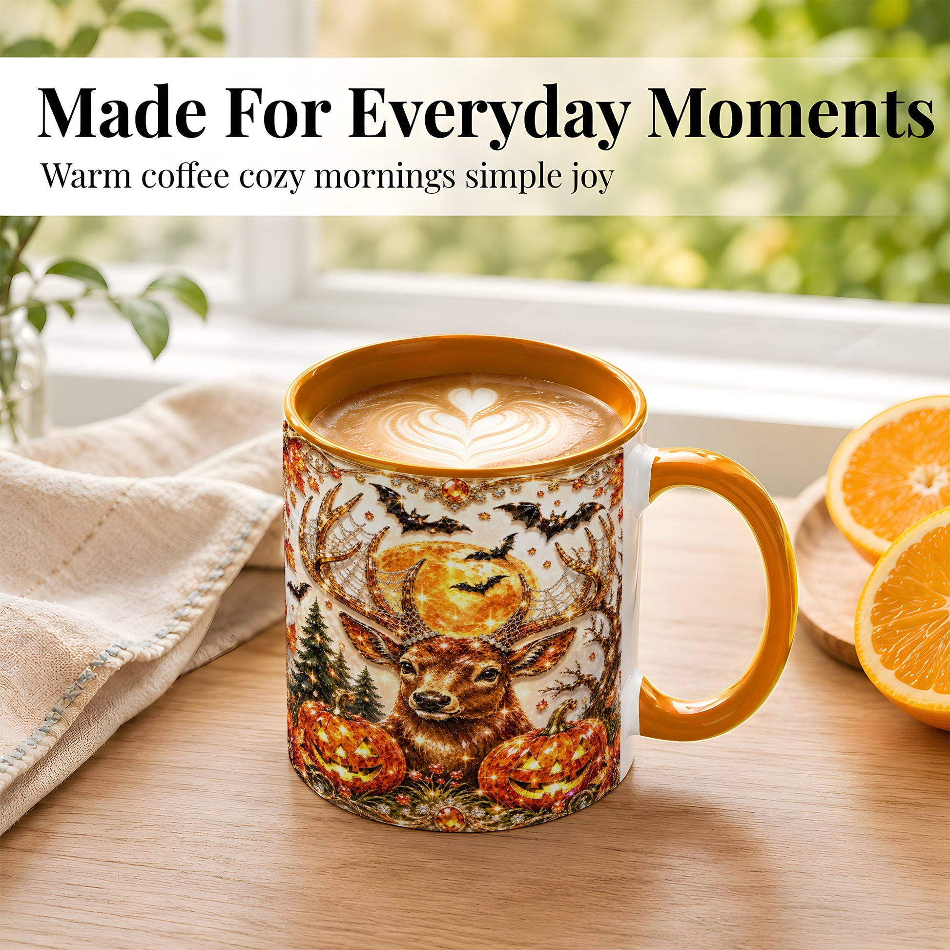 #pl[11oz|Orange] Jeweled Deer Coffee Mug, Halloween Stag Mug, Ceramic Cup