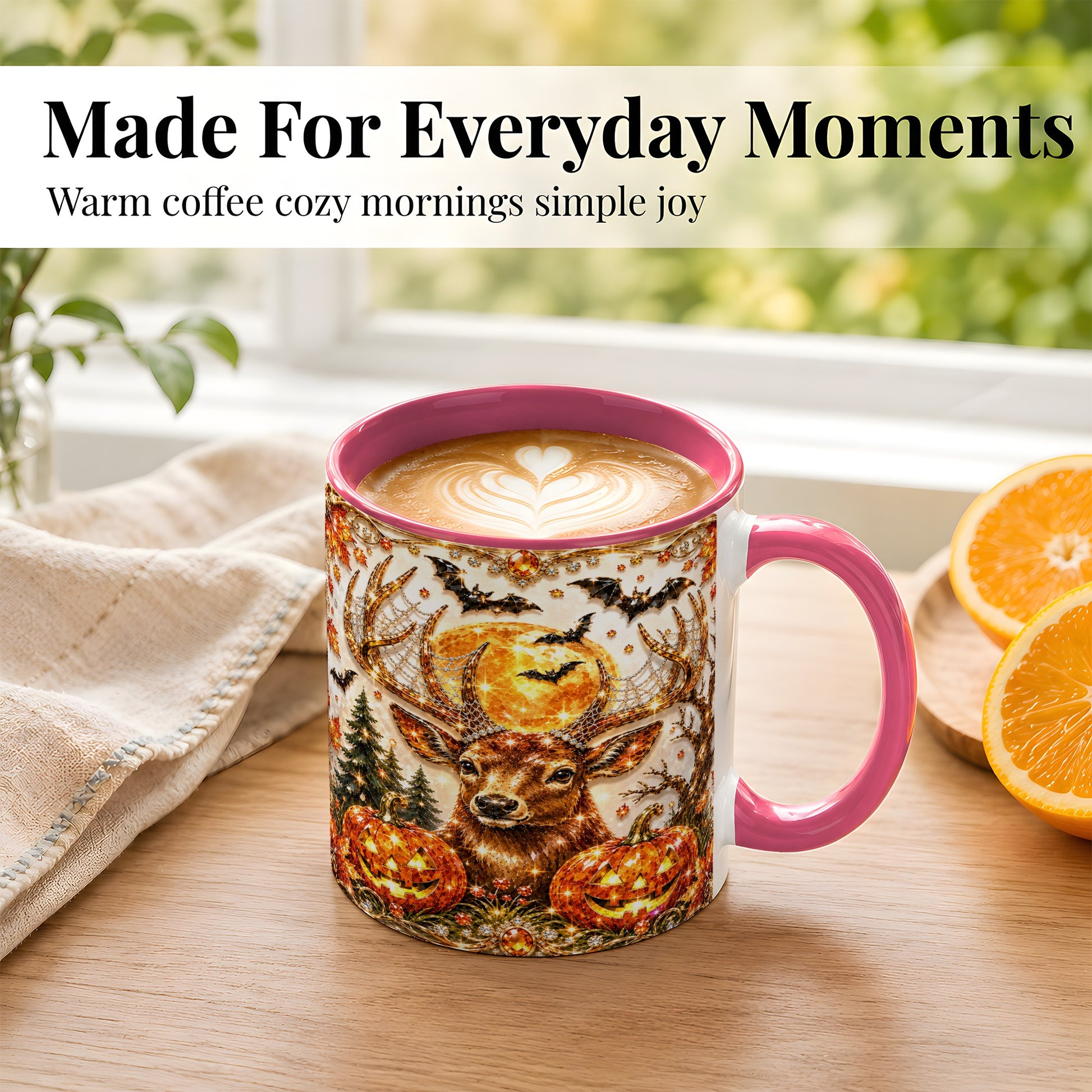 #pl[11oz|Pink] Jeweled Deer Coffee Mug, Halloween Stag Mug, Ceramic Cup