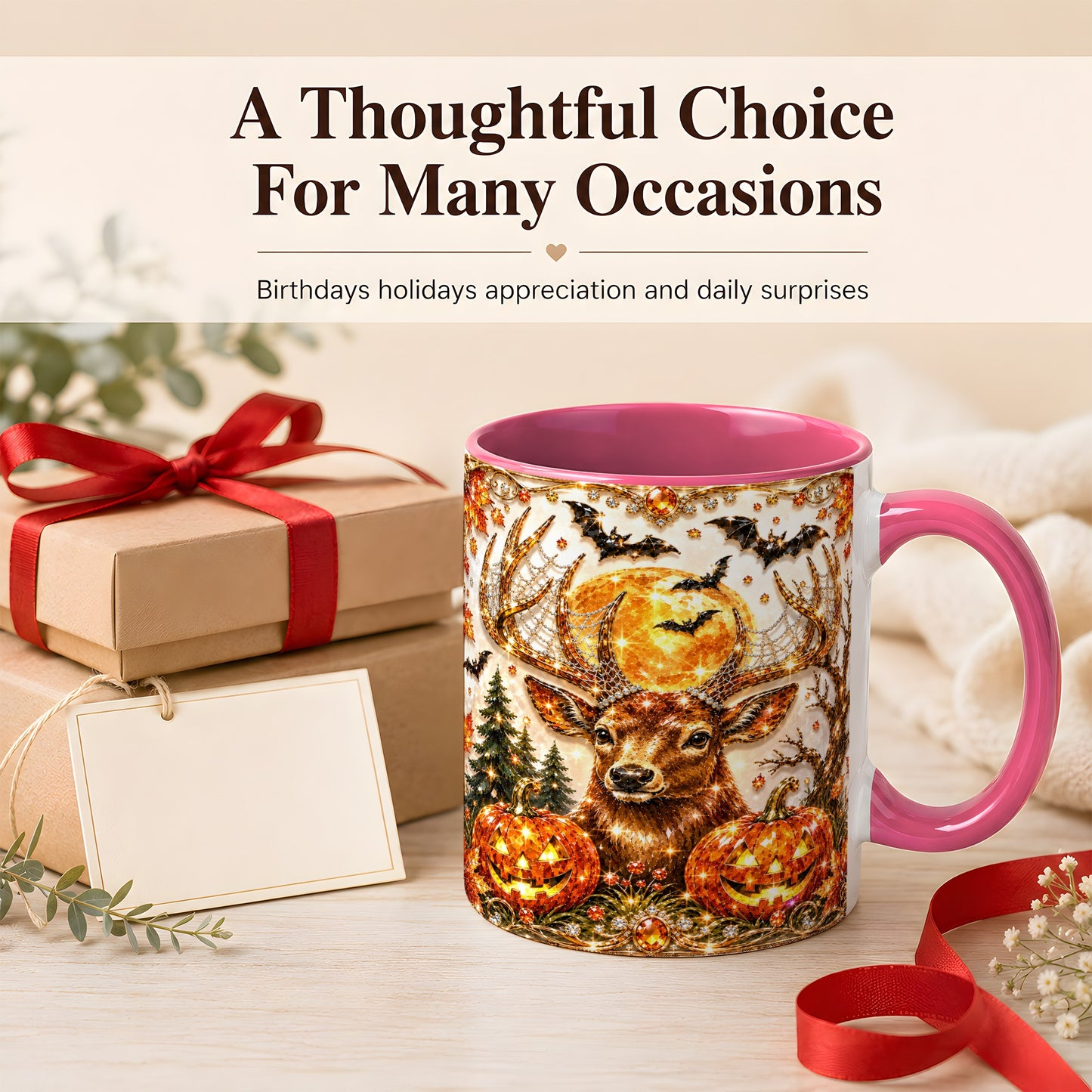#pl[11oz|Pink] Jeweled Deer Coffee Mug, Halloween Stag Mug, Ceramic Cup