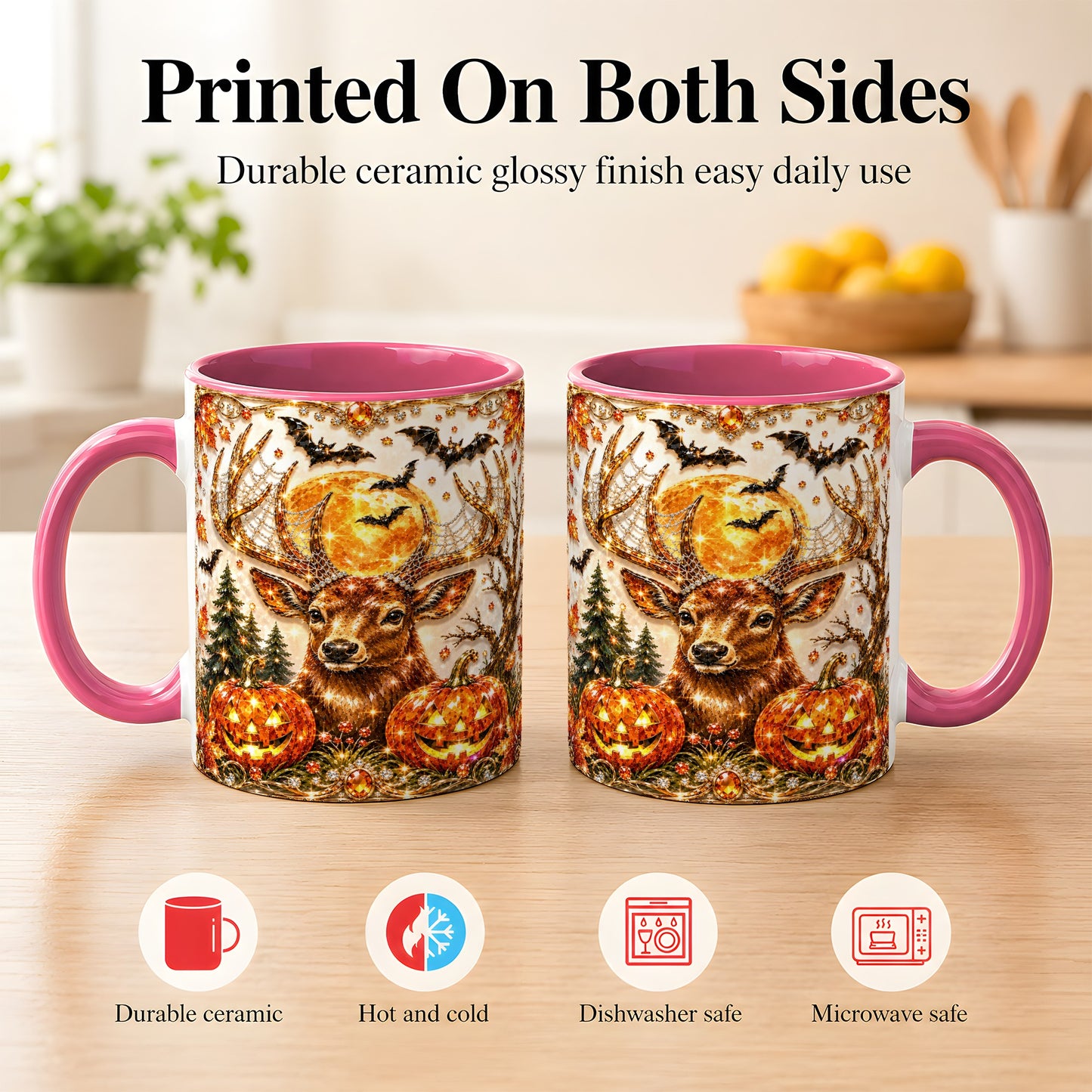 #pl[11oz|Pink] Jeweled Deer Coffee Mug, Halloween Stag Mug, Ceramic Cup