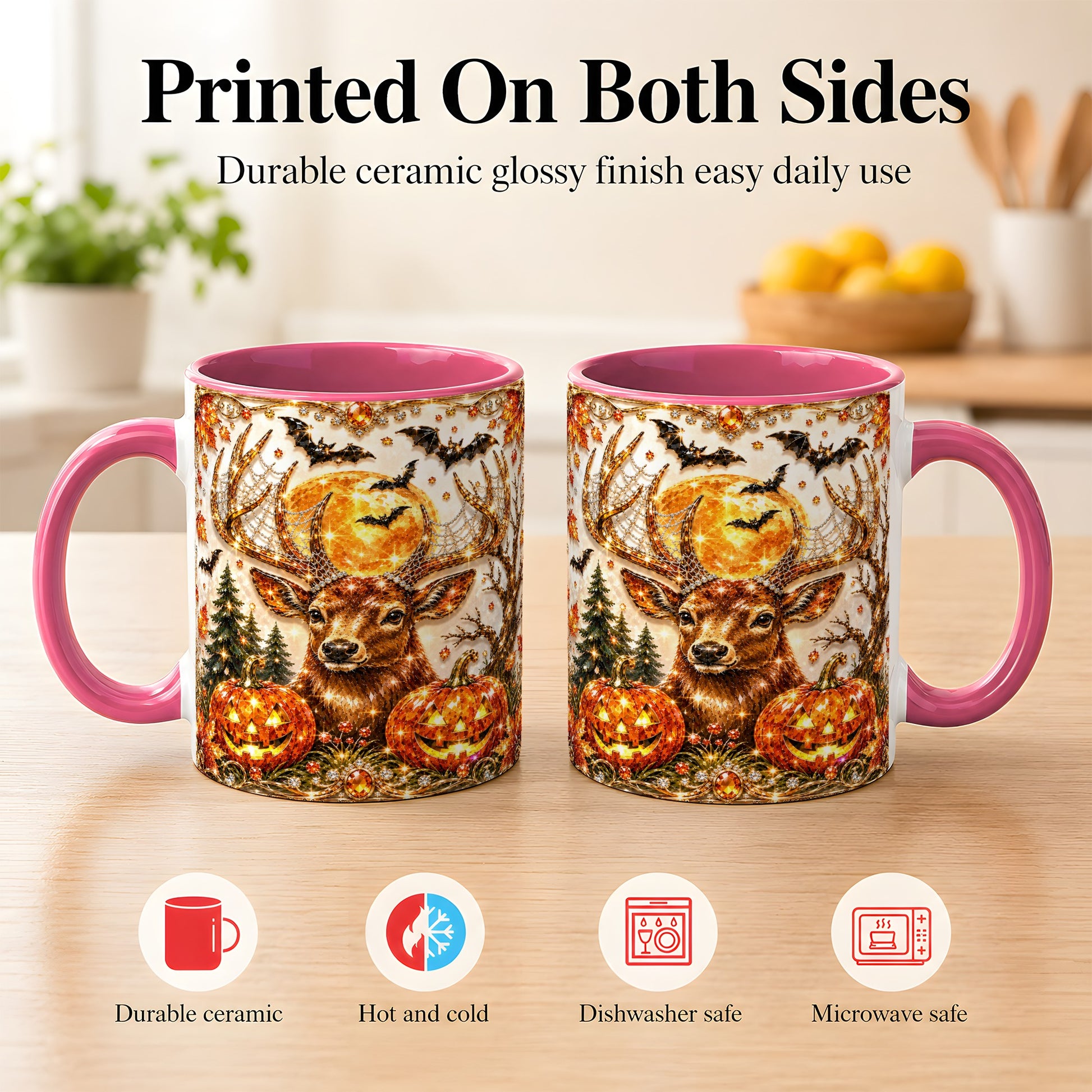 #pl[11oz|Pink] Jeweled Deer Coffee Mug, Halloween Stag Mug, Ceramic Cup