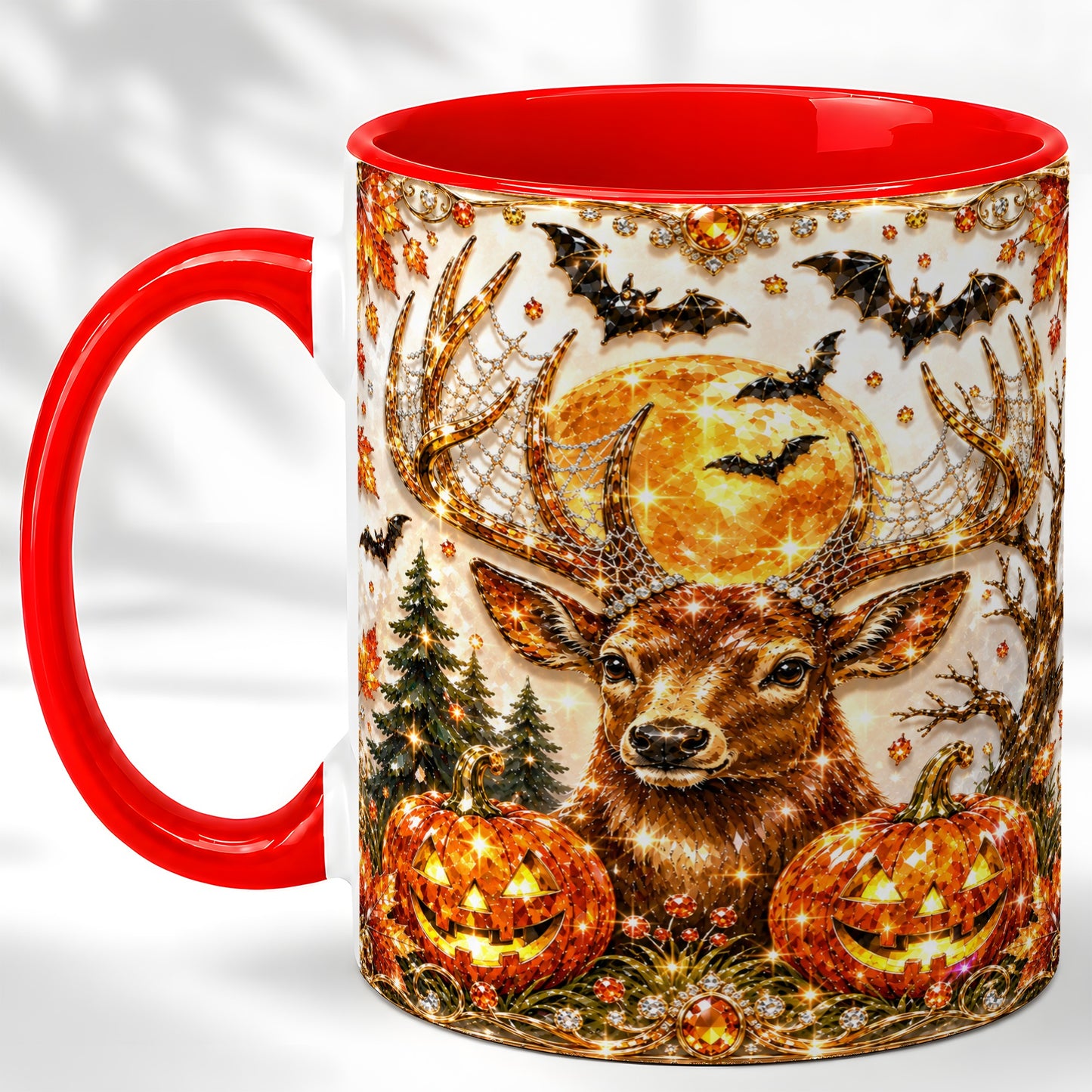 #pl[11oz|Red] Jeweled Deer Coffee Mug, Halloween Stag Mug, Ceramic Cup