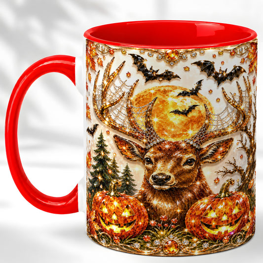 #pl[11oz|Red] Jeweled Deer Coffee Mug, Halloween Stag Mug, Ceramic Cup