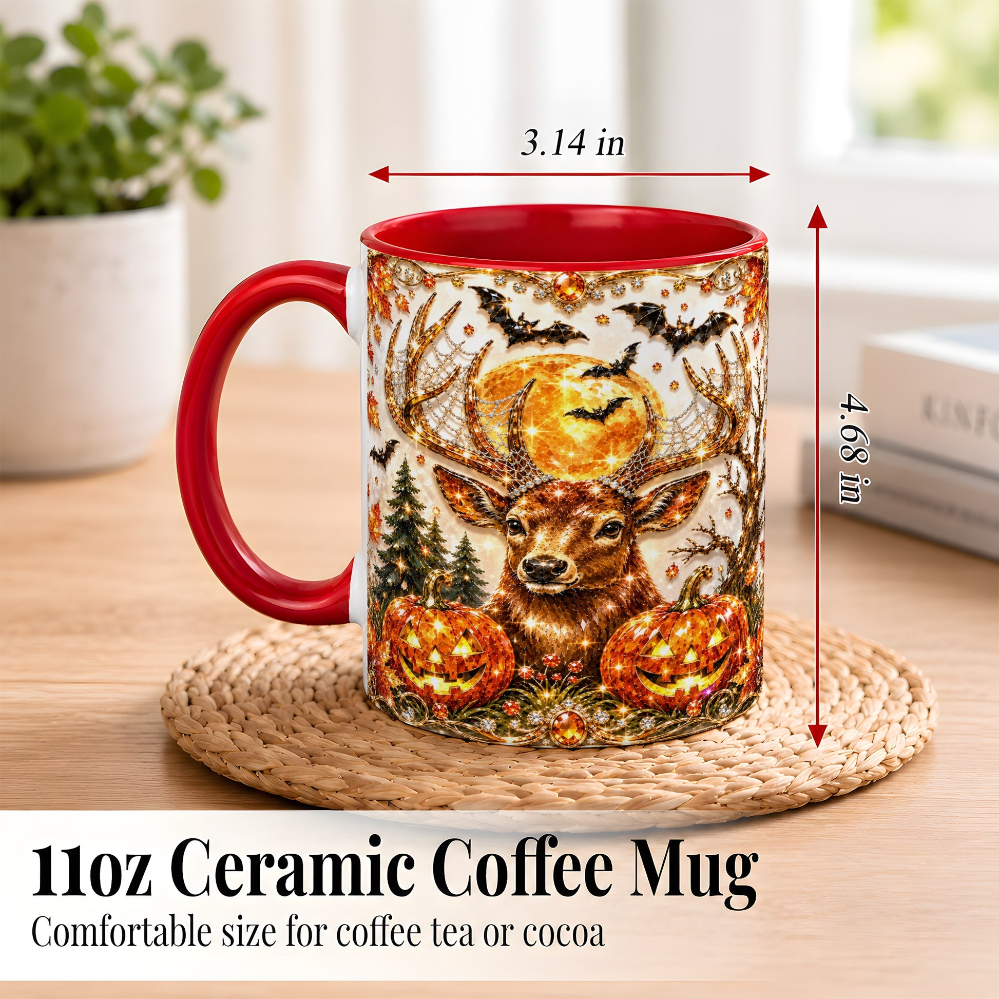 #pl[11oz|Red] Jeweled Deer Coffee Mug, Halloween Stag Mug, Ceramic Cup