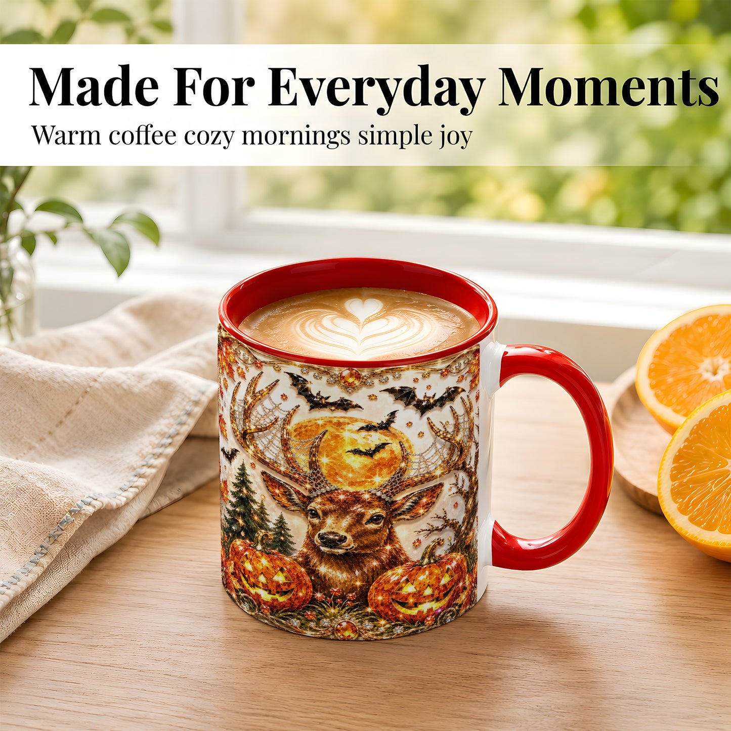 #pl[11oz|Red] Jeweled Deer Coffee Mug, Halloween Stag Mug, Ceramic Cup