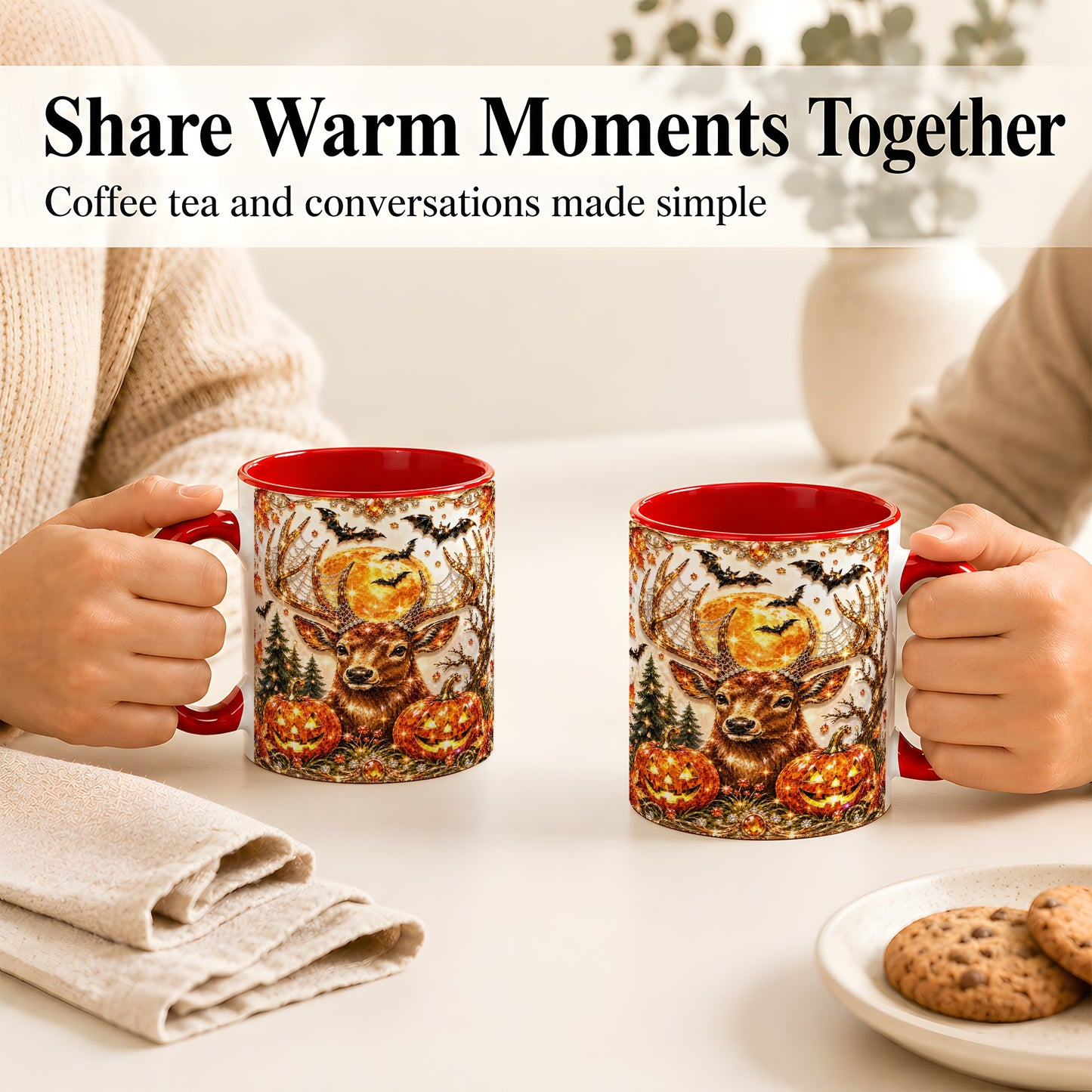 #pl[11oz|Red] Jeweled Deer Coffee Mug, Halloween Stag Mug, Ceramic Cup