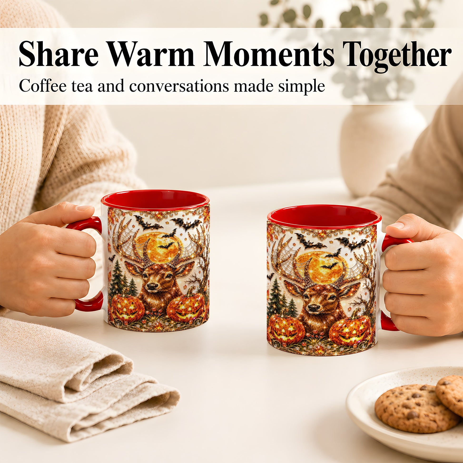 #pl[11oz|Red] Jeweled Deer Coffee Mug, Halloween Stag Mug, Ceramic Cup