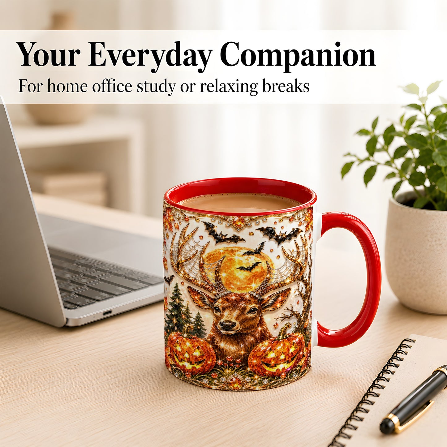 #pl[11oz|Red] Jeweled Deer Coffee Mug, Halloween Stag Mug, Ceramic Cup