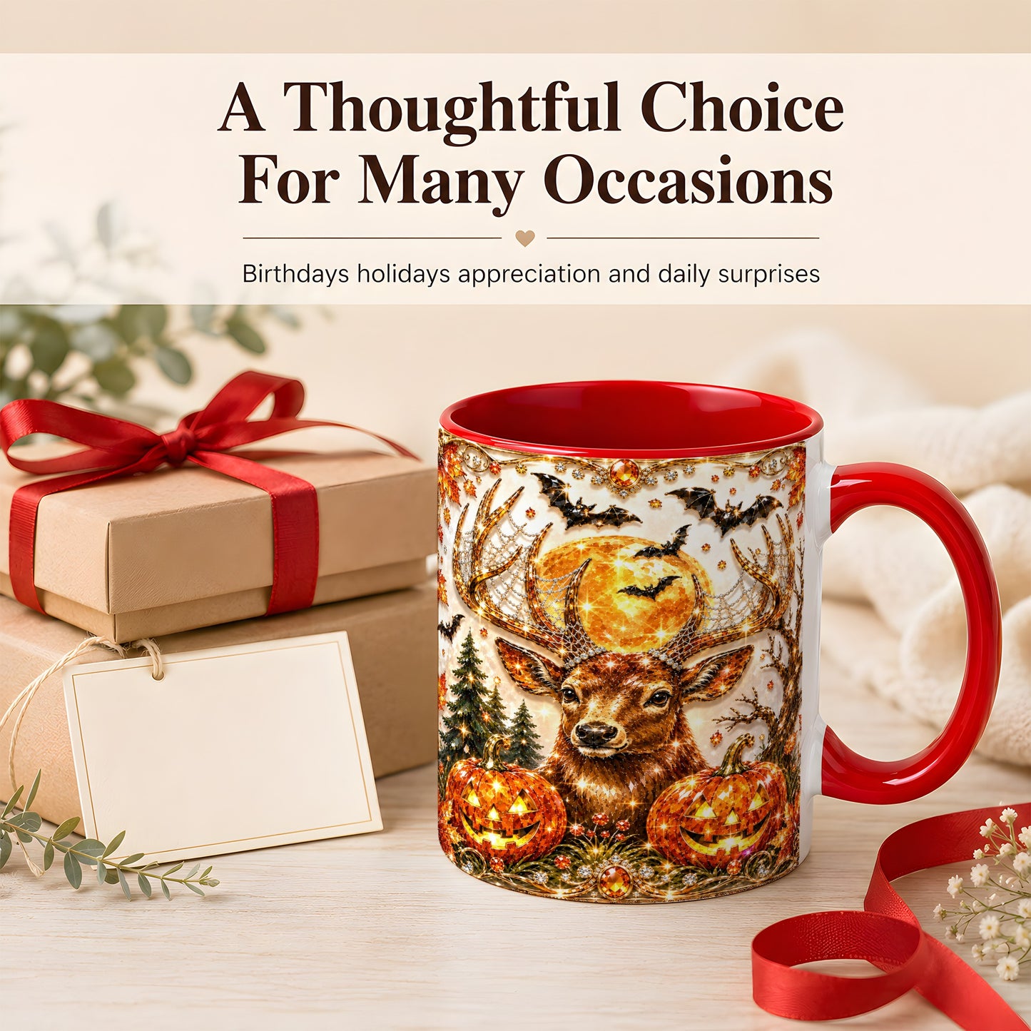 #pl[11oz|Red] Jeweled Deer Coffee Mug, Halloween Stag Mug, Ceramic Cup