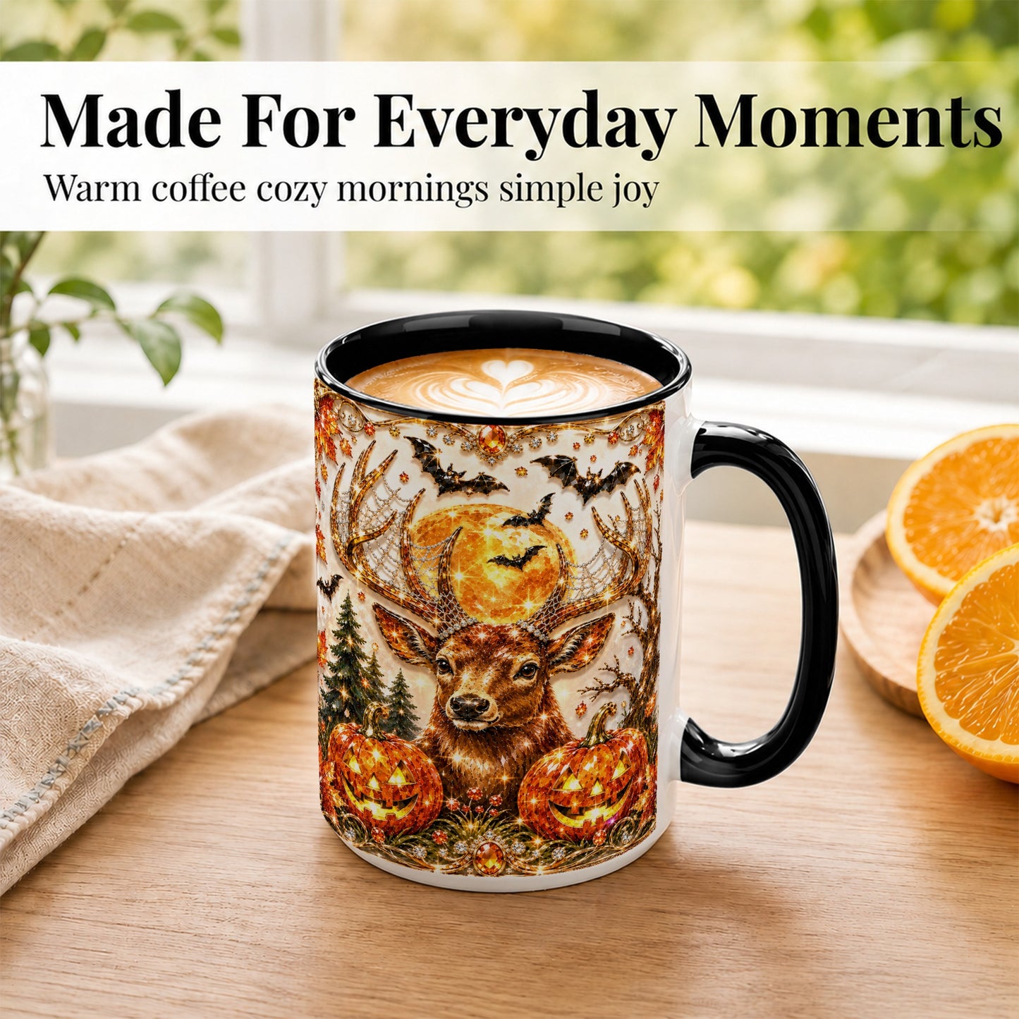 #pl[15oz|Black] Jeweled Deer Coffee Mug, Halloween Stag Mug, Ceramic Cup