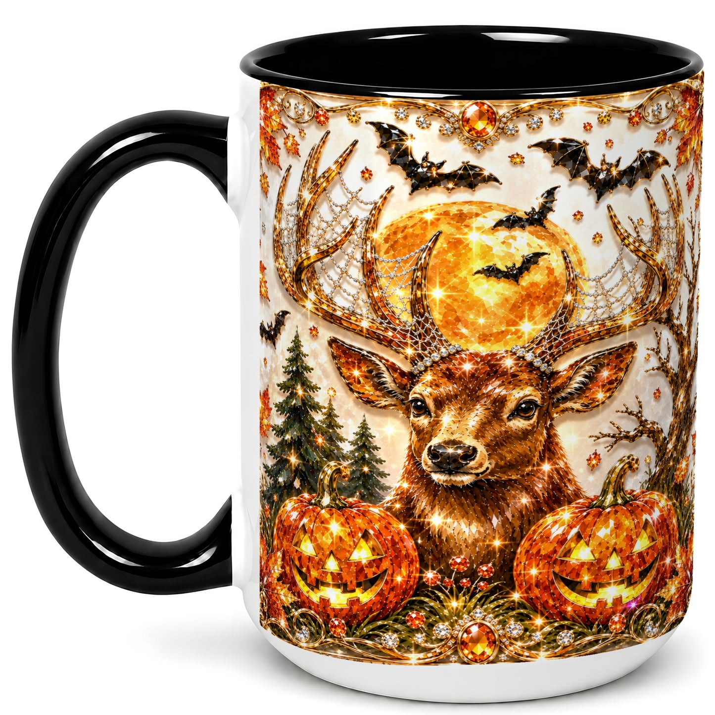 #pl[15oz|Black] Jeweled Deer Coffee Mug, Halloween Stag Mug, Ceramic Cup
