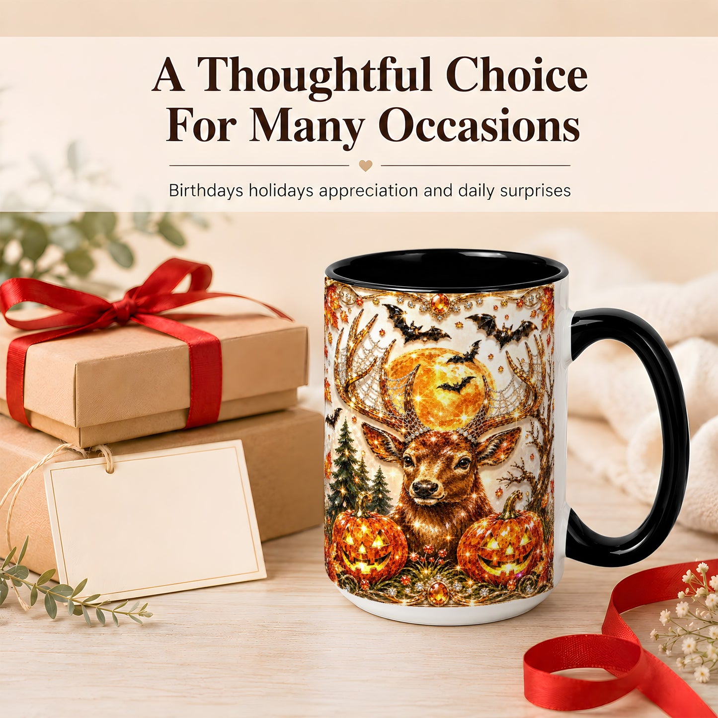 #pl[15oz|Black] Jeweled Deer Coffee Mug, Halloween Stag Mug, Ceramic Cup