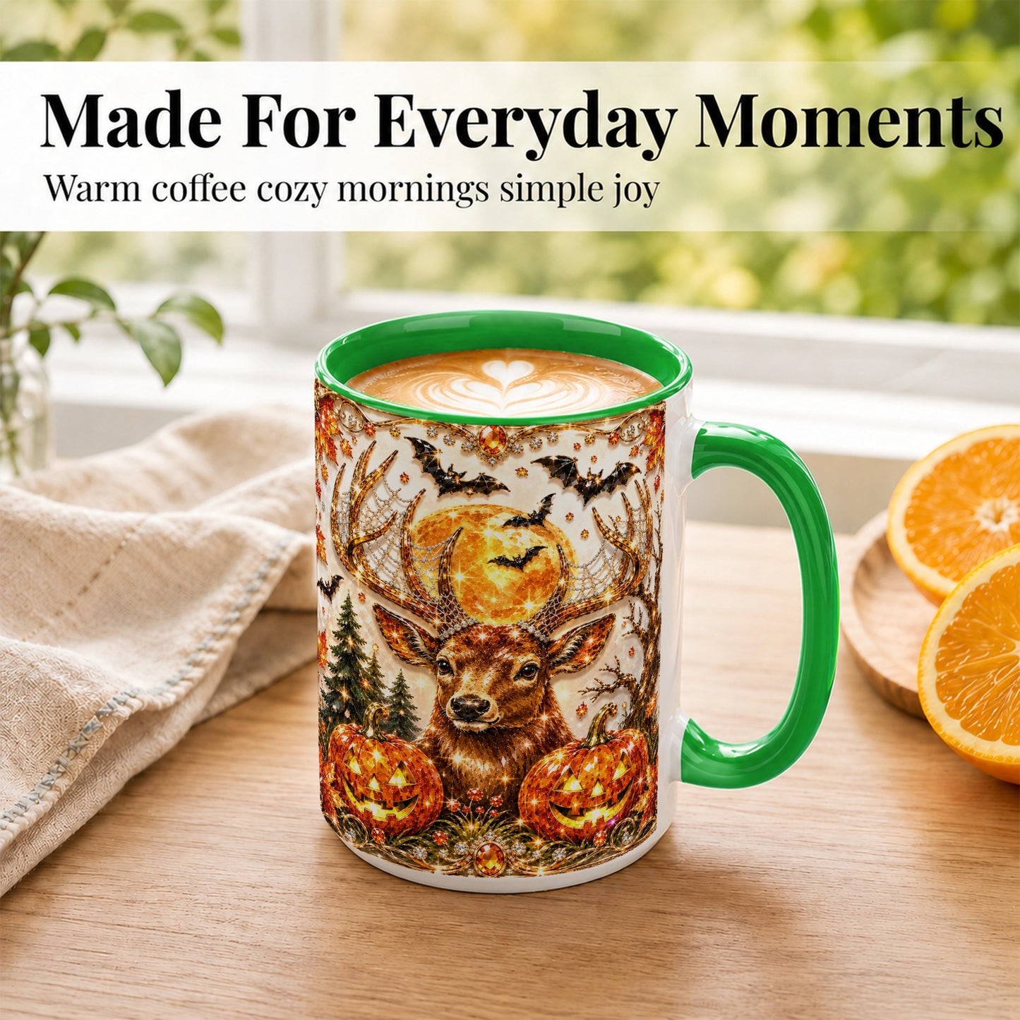 #pl[15oz|Green] Jeweled Deer Coffee Mug, Halloween Stag Mug, Ceramic Cup