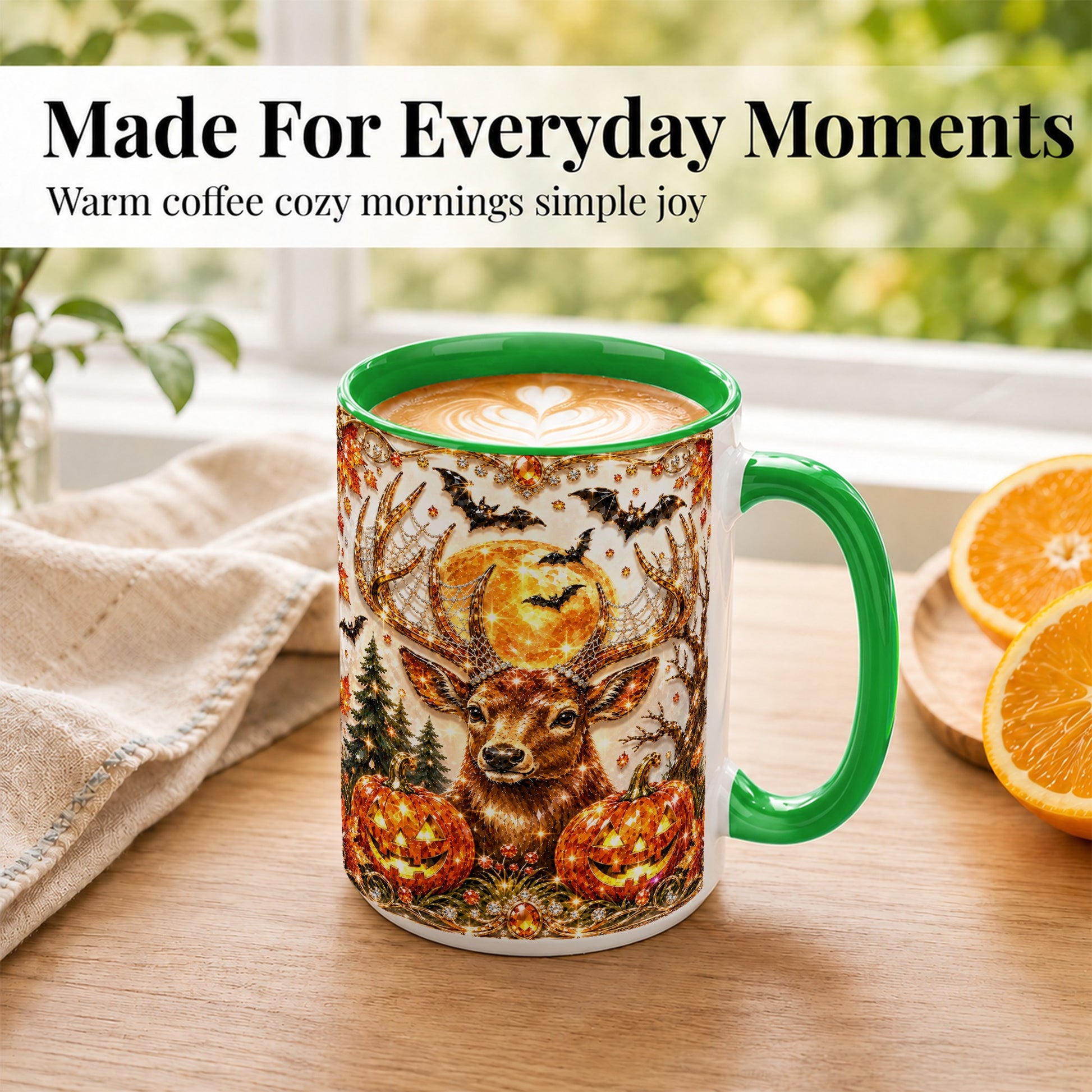 #pl[15oz|Green] Jeweled Deer Coffee Mug, Halloween Stag Mug, Ceramic Cup