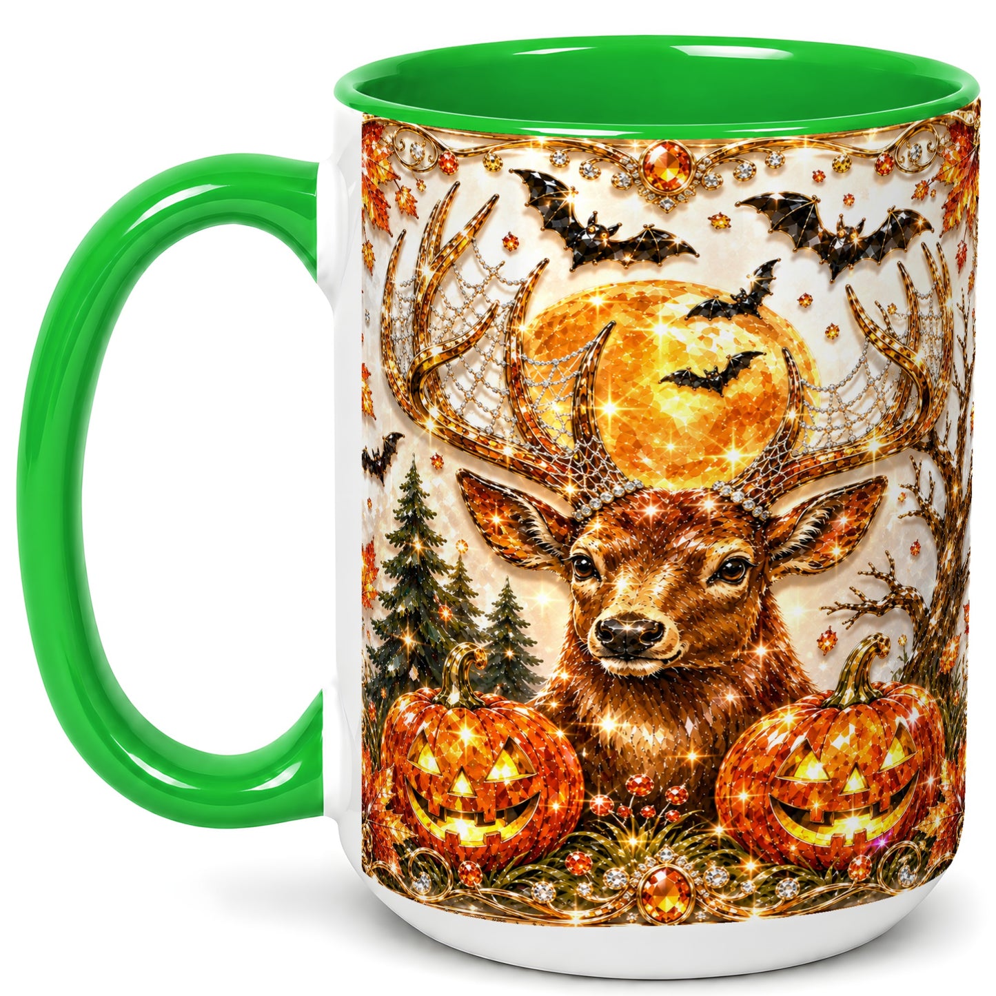 #pl[15oz|Green] Jeweled Deer Coffee Mug, Halloween Stag Mug, Ceramic Cup