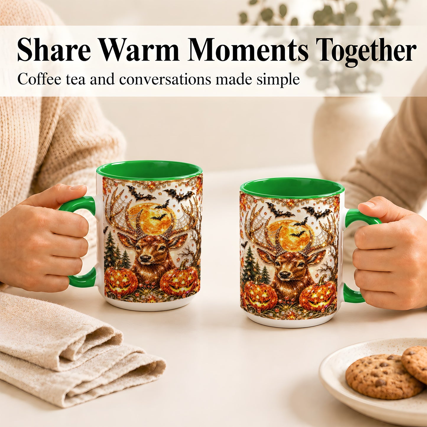 #pl[15oz|Green] Jeweled Deer Coffee Mug, Halloween Stag Mug, Ceramic Cup