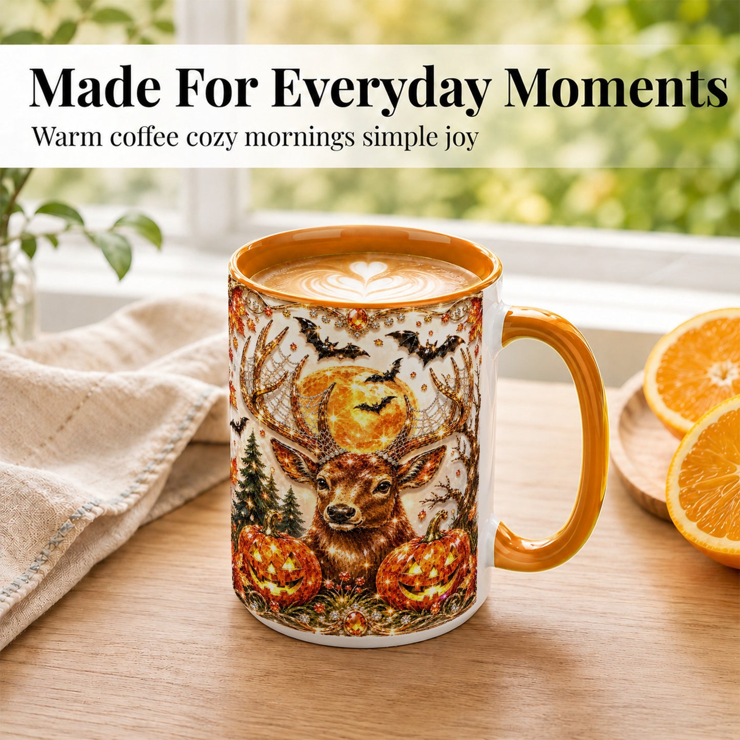 #pl[15oz|Orange] Jeweled Deer Coffee Mug, Halloween Stag Mug, Ceramic Cup