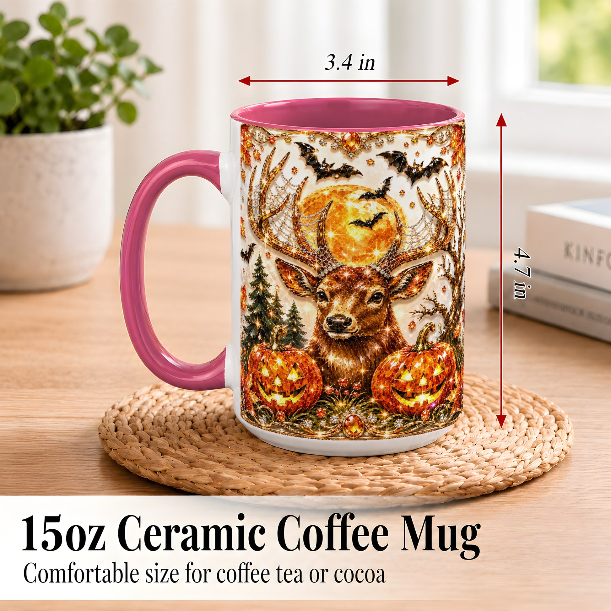 #pl[15oz|Pink] Jeweled Deer Coffee Mug, Halloween Stag Mug, Ceramic Cup