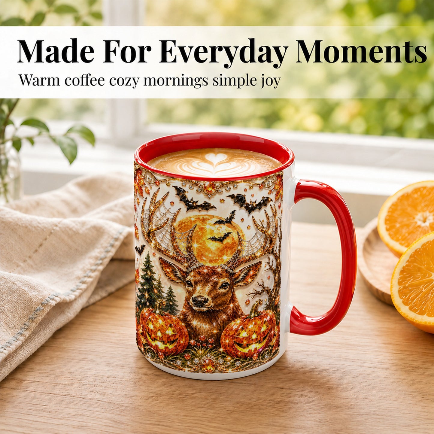 #pl[15oz|Red] Jeweled Deer Coffee Mug, Halloween Stag Mug, Ceramic Cup