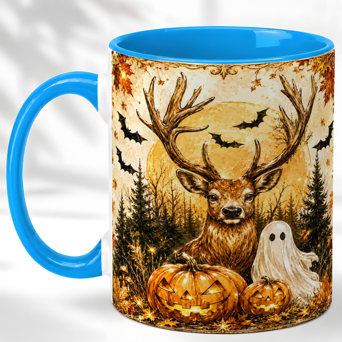 #pl[11oz|Blue] Halloween Deer Coffee Mug, Ghost Pumpkin Mug, Ceramic Cup
