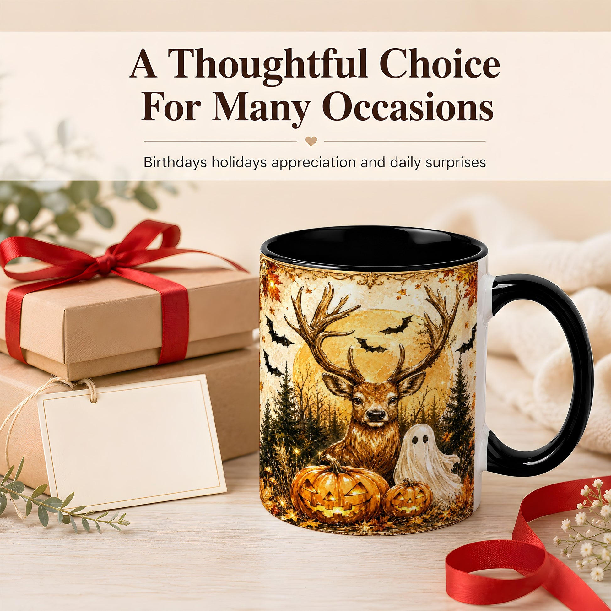 #pl[11oz|Black] Halloween Deer Coffee Mug, Ghost Pumpkin Mug, Ceramic Cup